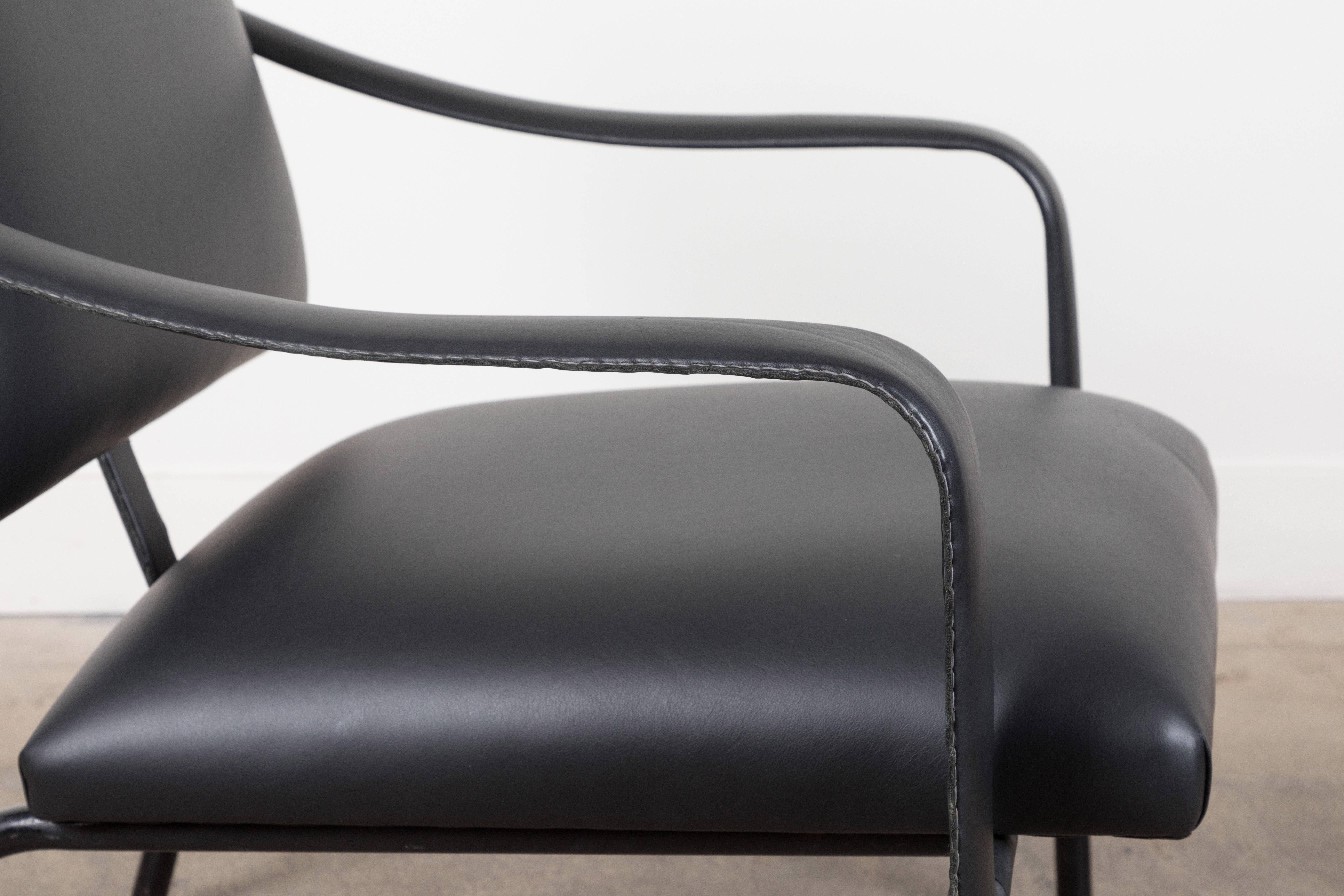 Mid-20th Century Black Leather Armchair by Jacques Adnet For Sale
