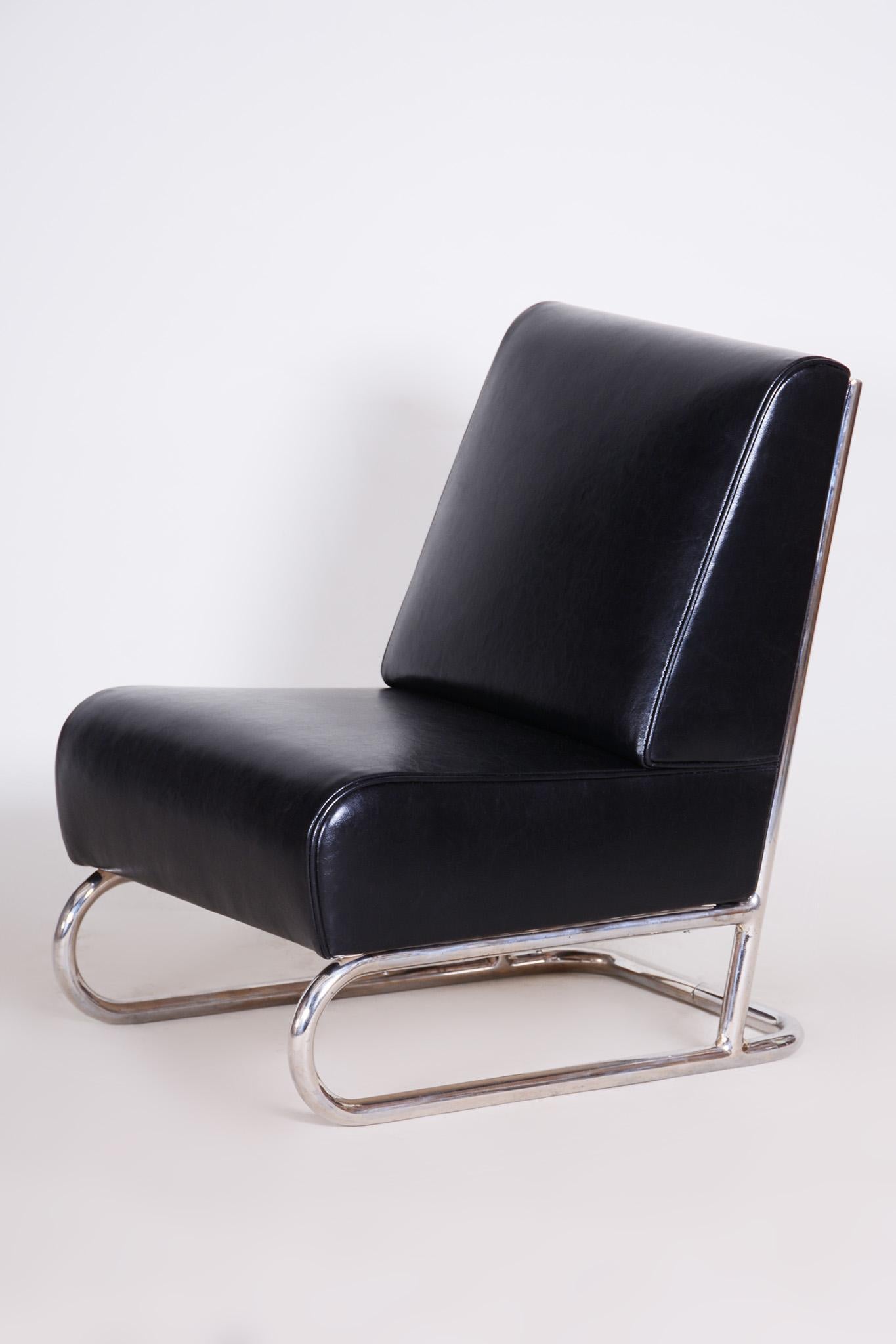 Bauhaus Black Leather Armchair, 1930s, Czechia For Sale