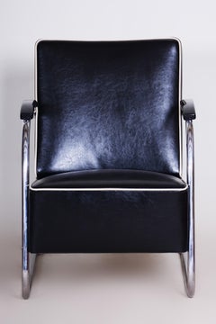 Black Leather Armchair, 1930s Czechia, Made by Mucke-Melder and Fully Restored