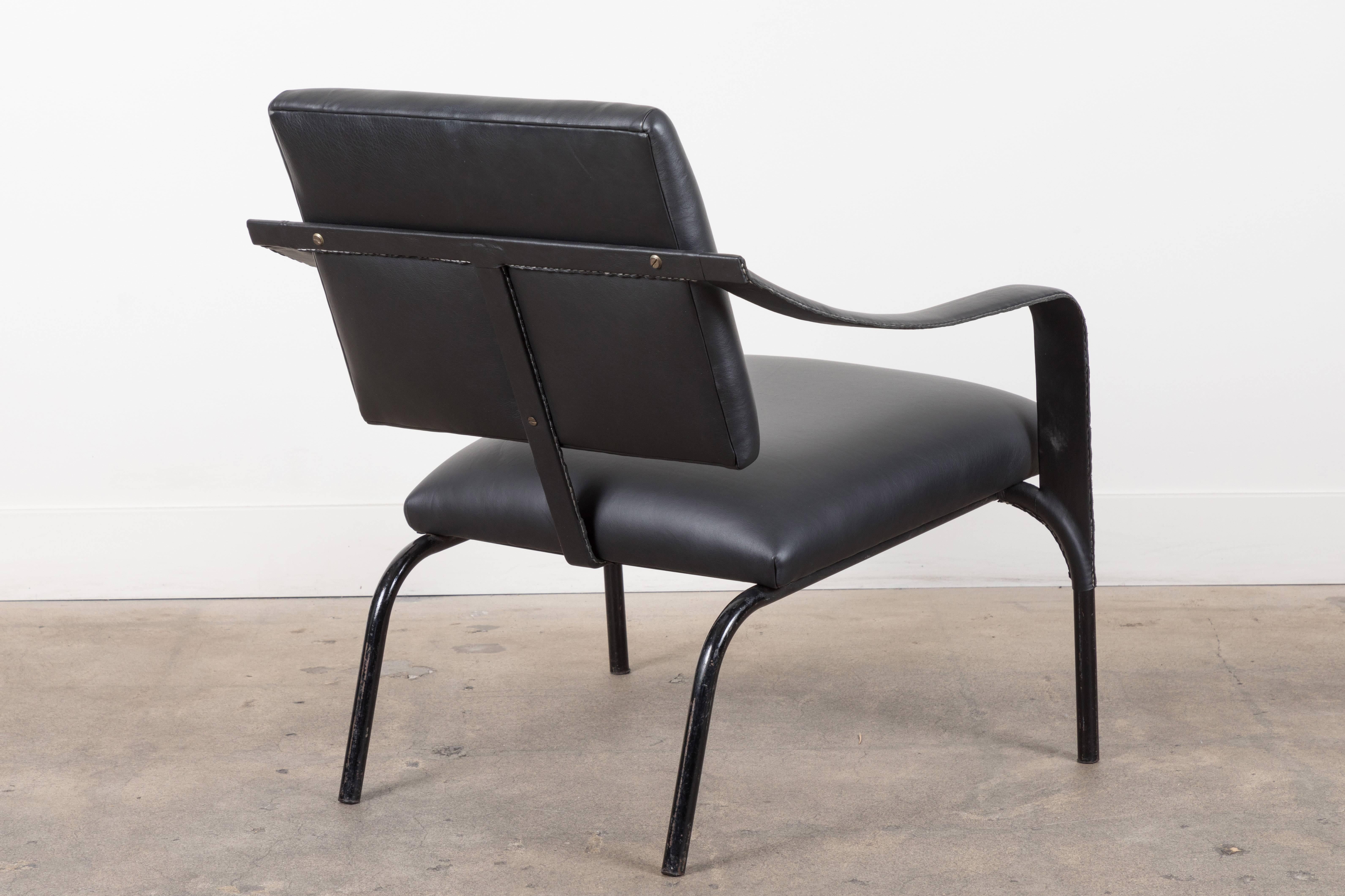 French Black Leather Armchair by Jacques Adnet For Sale