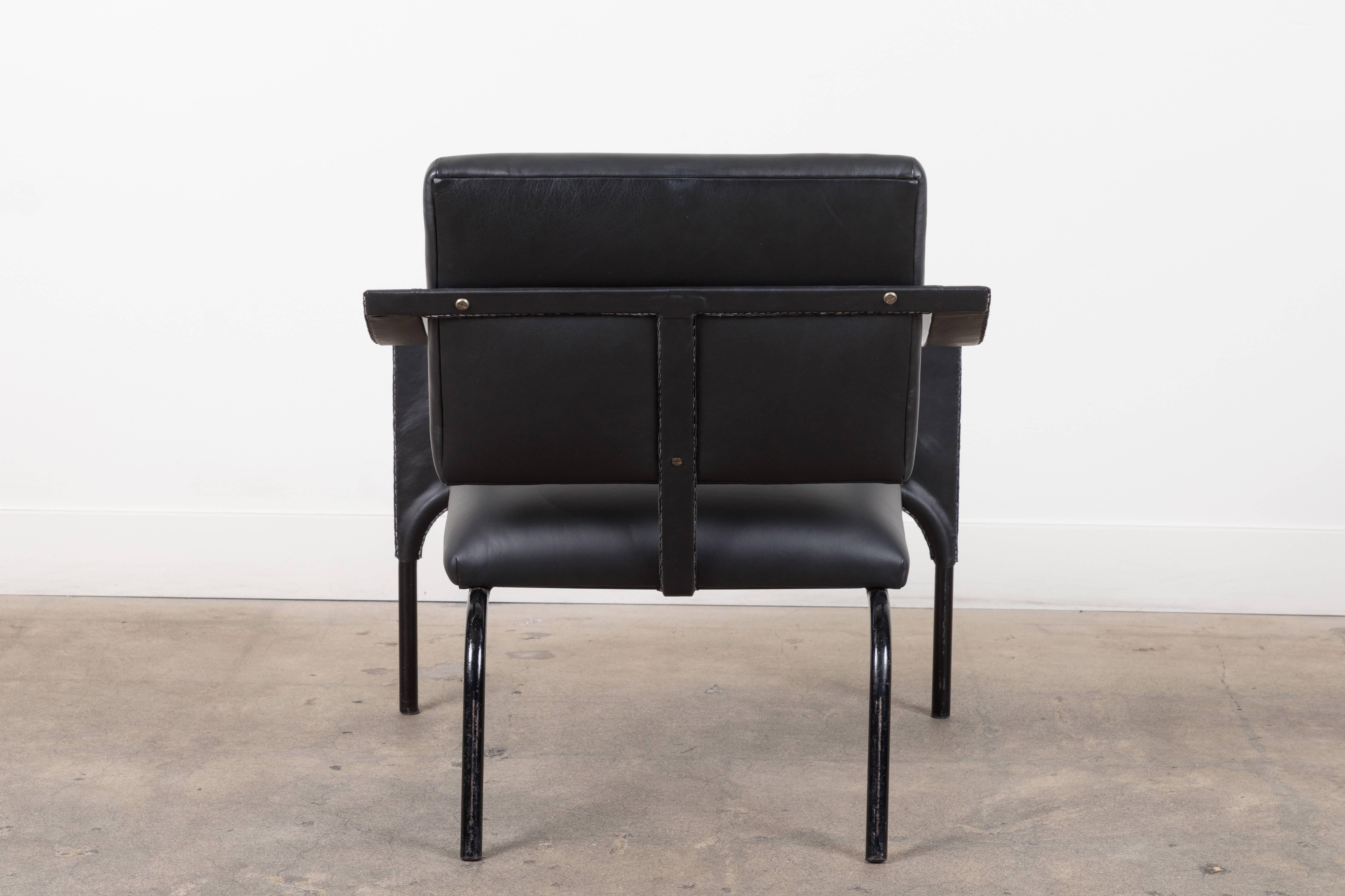Black Leather Armchair by Jacques Adnet In Excellent Condition For Sale In Los Angeles, CA