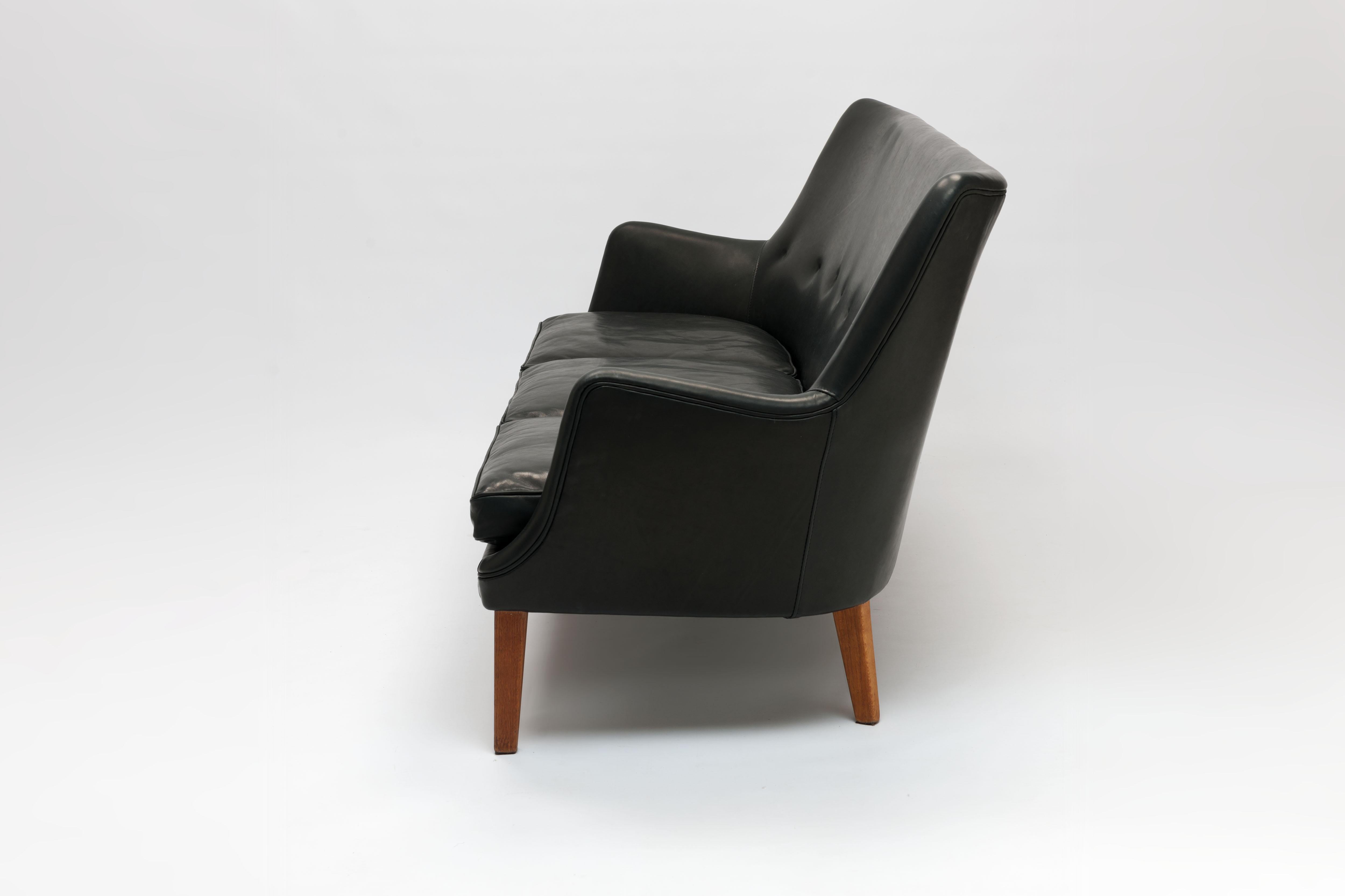 Scandinavian Modern Black Leather Arne Vodder AV53 / 3 Sofa, Ivan Schlechter, Denmark