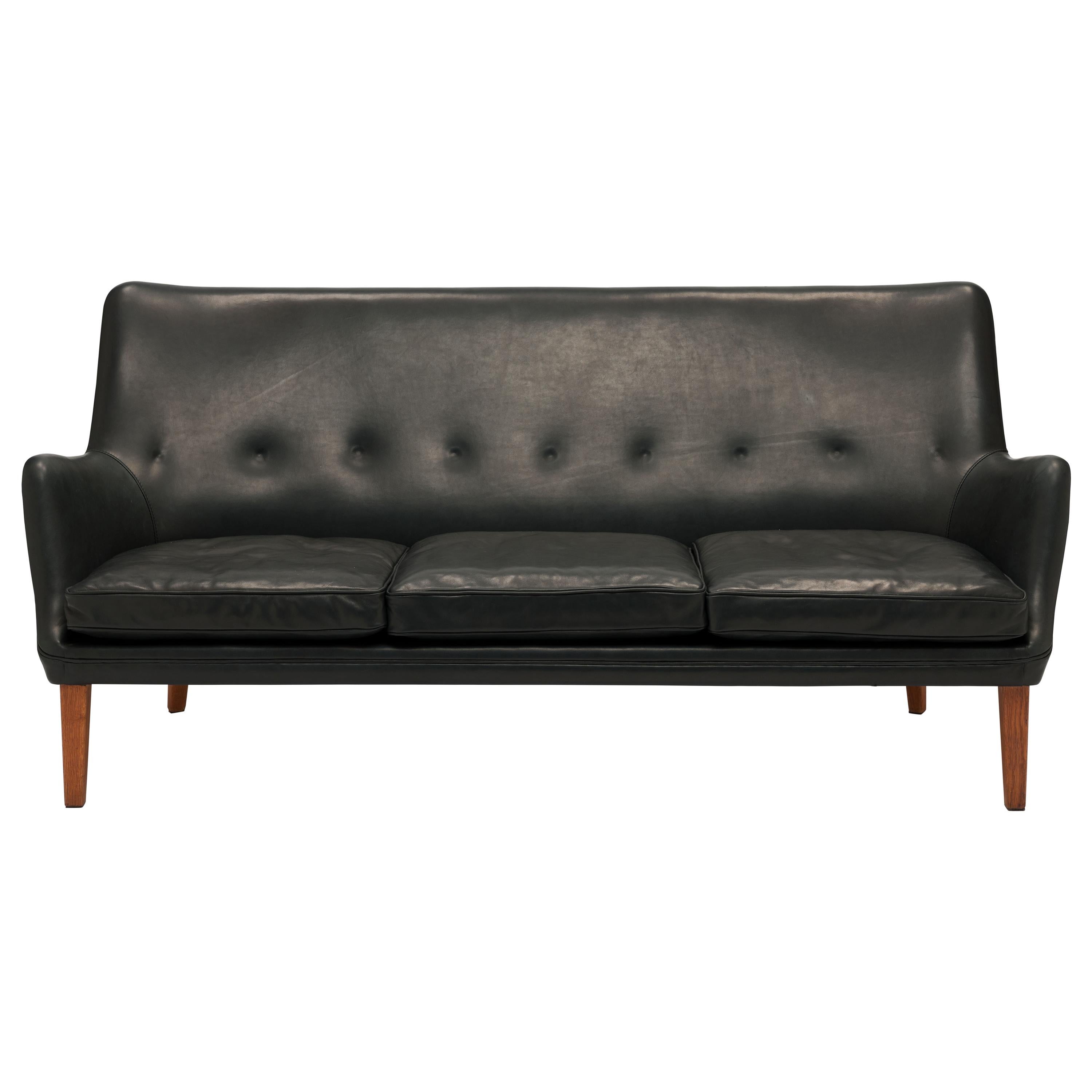 Black Leather Arne Vodder AV53 / 3 Sofa, Ivan Schlechter, Denmark
