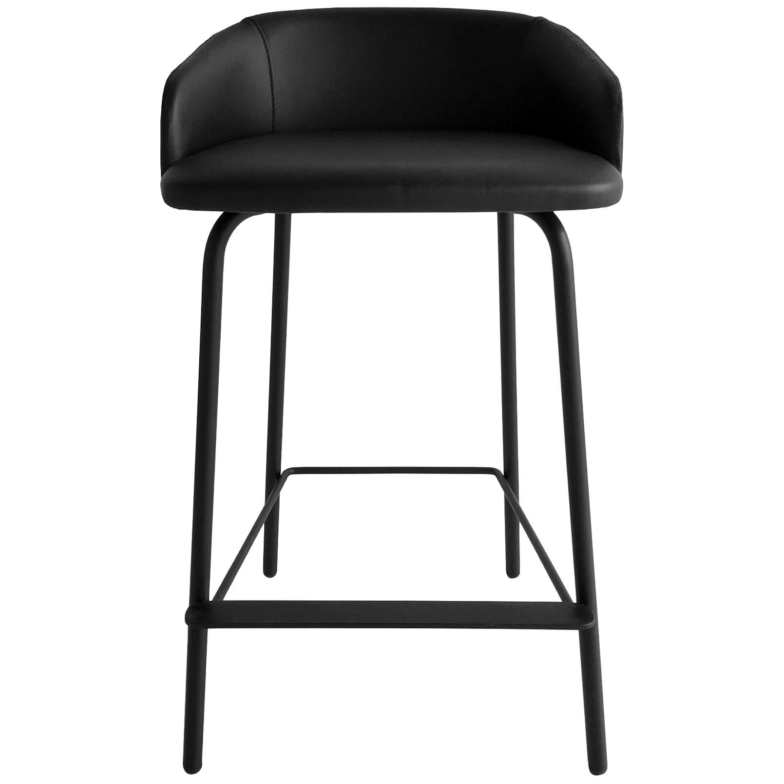 In Stock in Los Angeles, Black Leather Stool by Marco Zito, Made in Italy