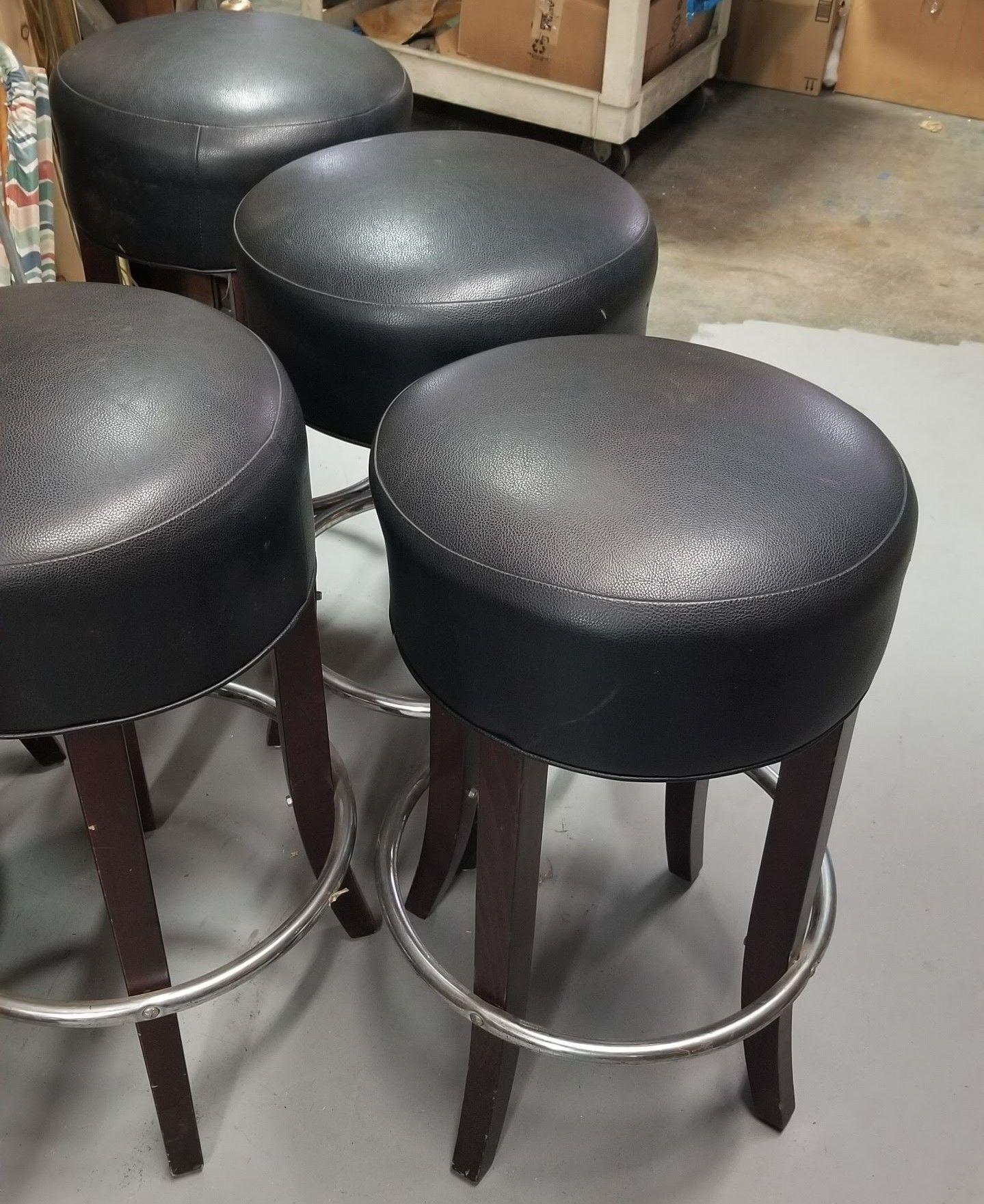 Black Leather Bar Stools with Chrome Foot Rests For Sale 2