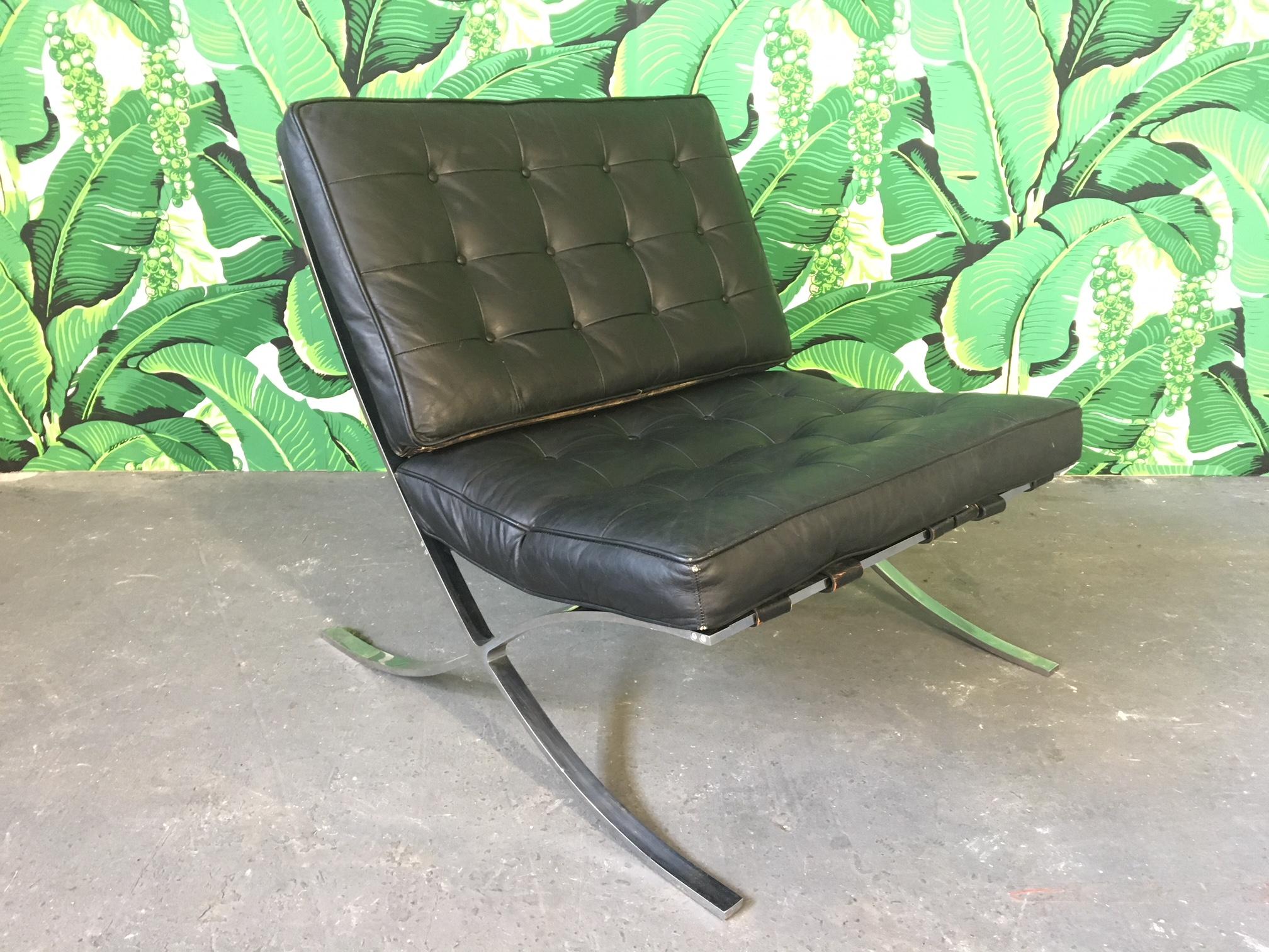 Supple leather and bright chrome make this Barcelona chair the perfect find. A midcentury staple originally designed by Ludwig Mies van der Rohe. Good vintage condition with minor wear consistent with age.