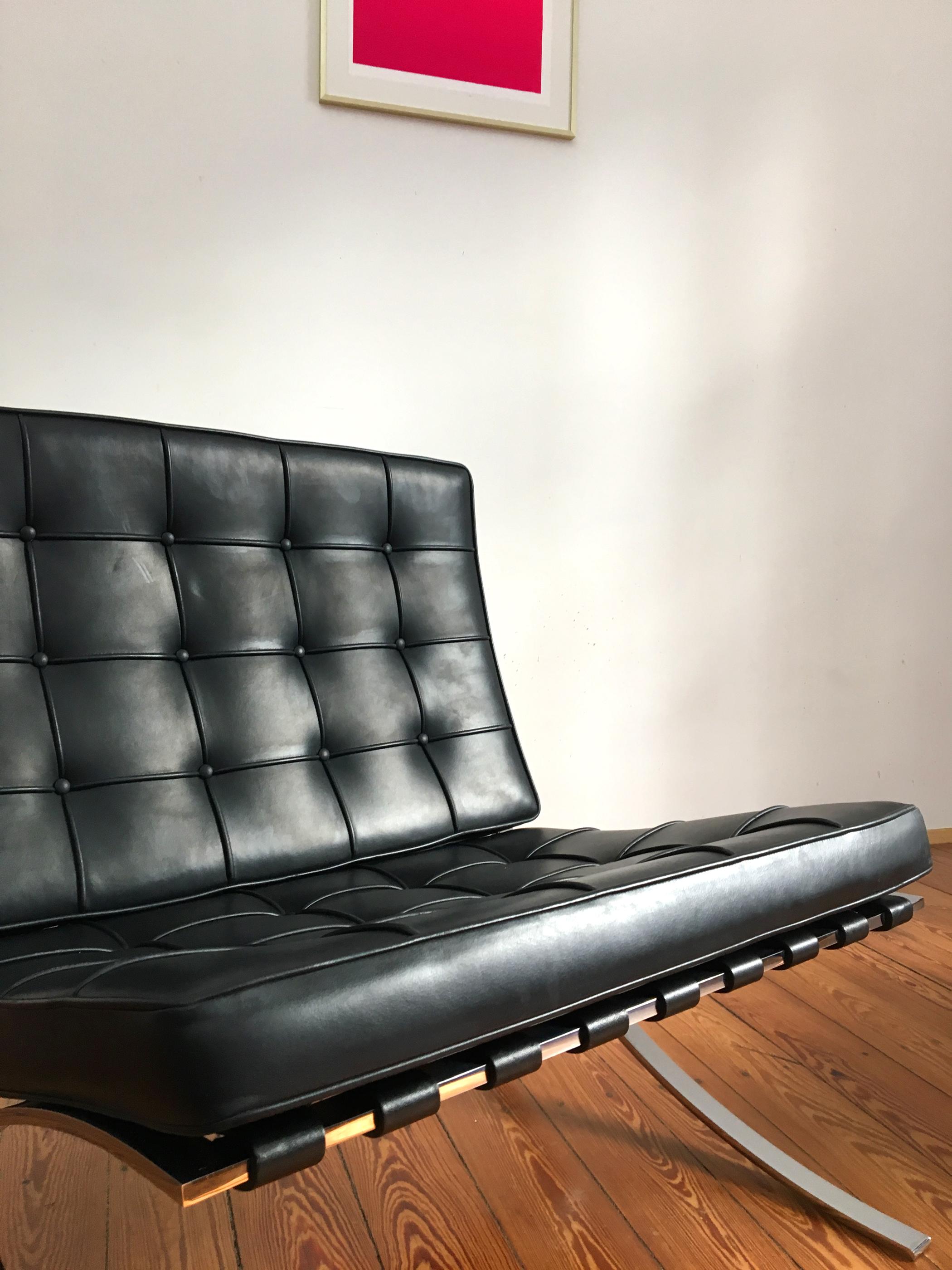 Black Leather Barcelona Chair and Ottoman by Mies Van Der Rohe for Knoll  6