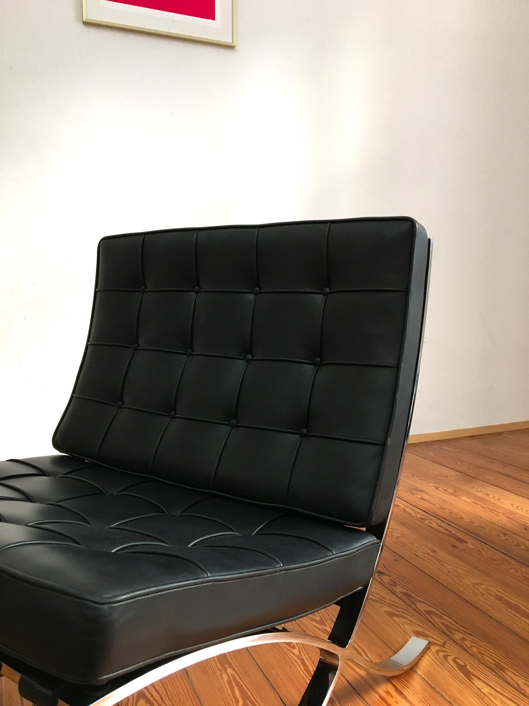 Black Leather Barcelona Chair and Ottoman by Mies Van Der Rohe for Knoll  7