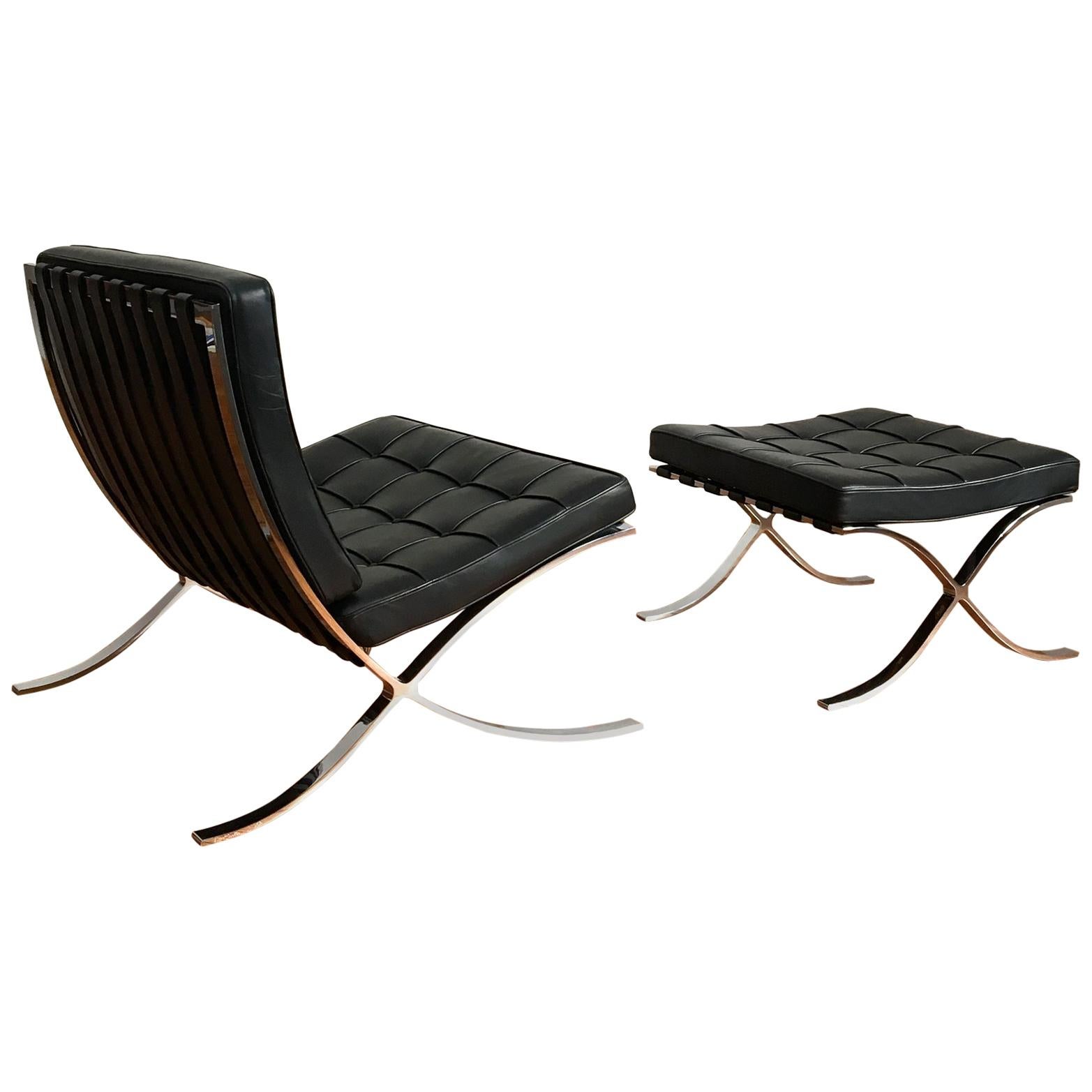 Black Leather Barcelona Chair and Ottoman by Mies Van Der Rohe for Knoll 