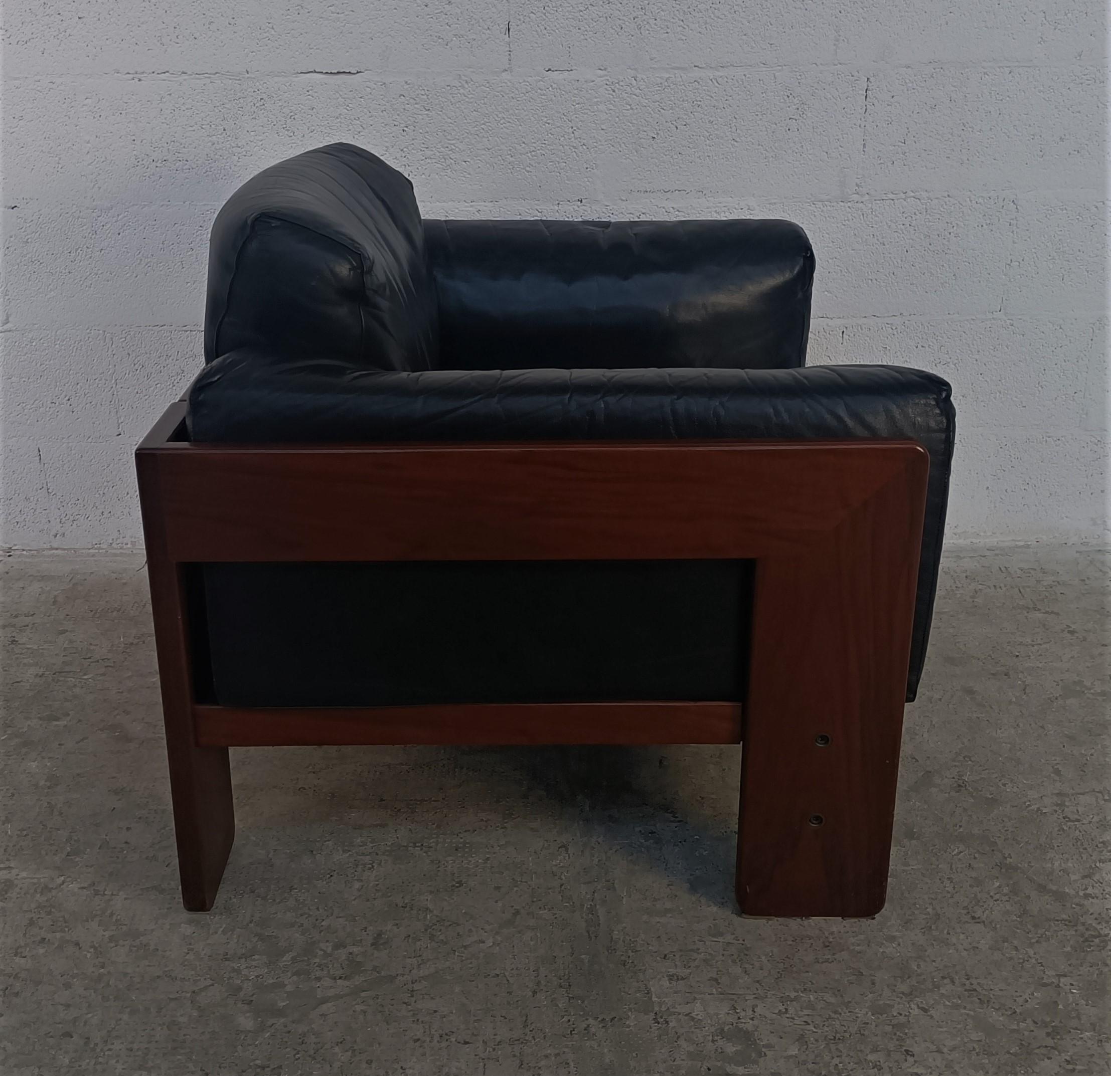 Mid-Century Modern Black Leather Bastiano Armchair by Afra E Tobia Scarpa for Gavina 70s