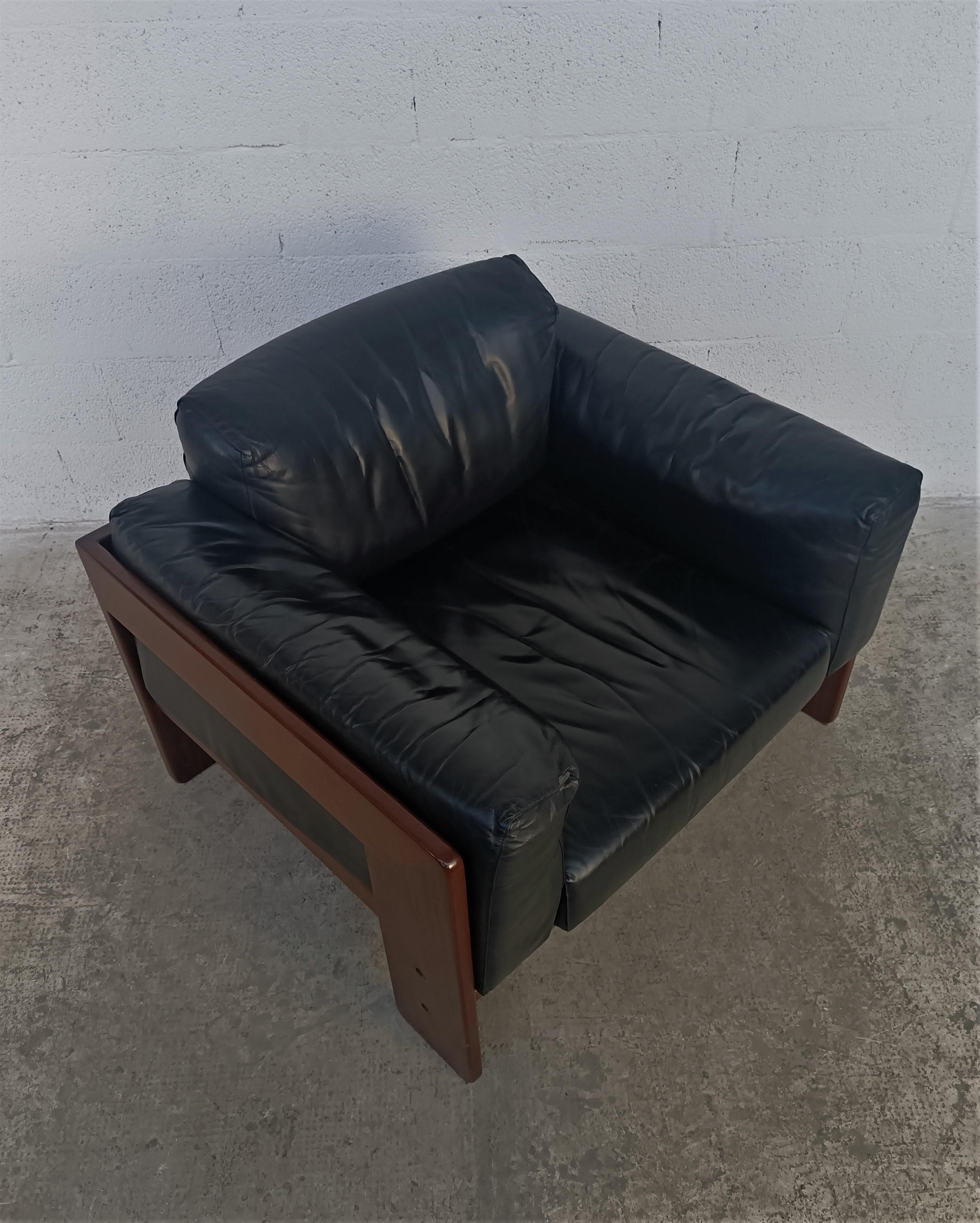 Black Leather Bastiano Armchair by Afra E Tobia Scarpa for Gavina 70s 1