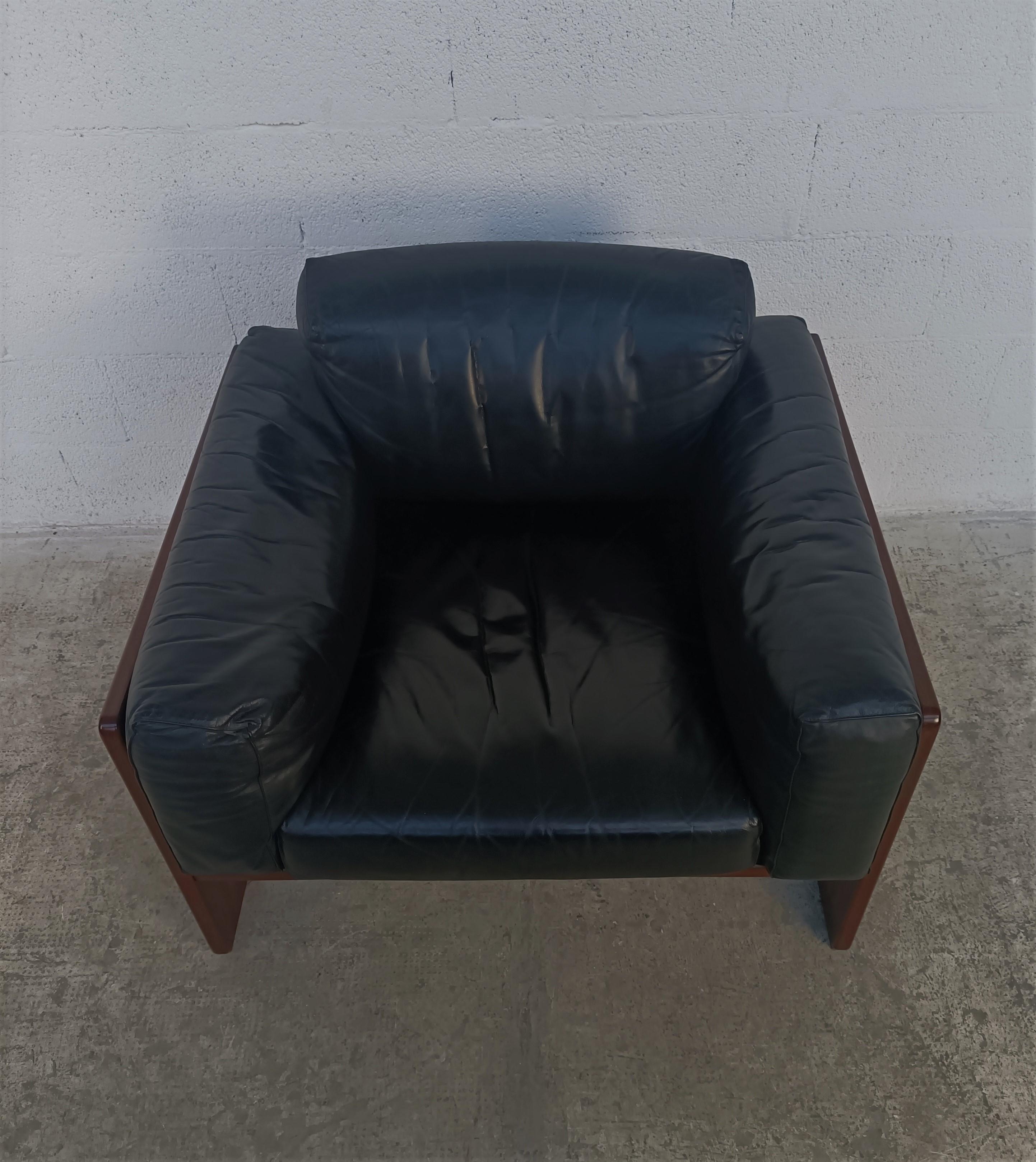 Black Leather Bastiano Armchair by Afra E Tobia Scarpa for Gavina 70s 3