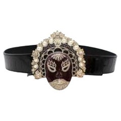 black leather belt with burgundy enamel & gold-tone metal buckle