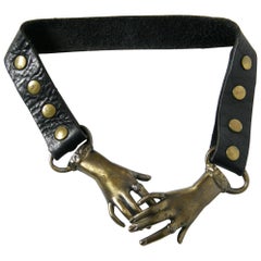 Black Leather Belt with Clasped Hands Buckle and Adjustable Length