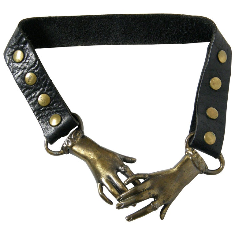 Black Leather Belt with Clasped Hands Buckle and Adjustable Length at