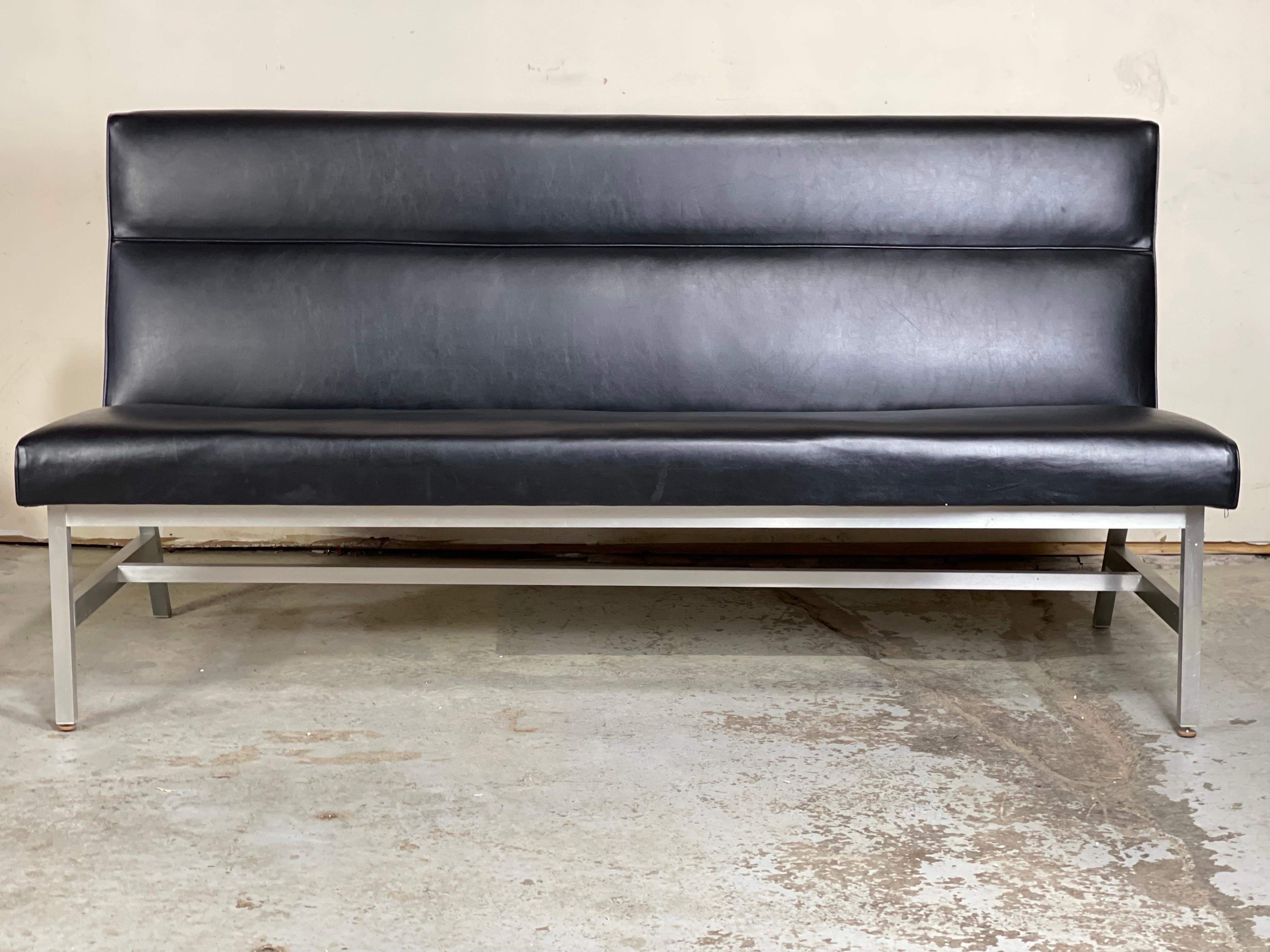 Black Leather Sofa Bench with Walnut and Satin Aluminum by Monarch Furniture  6
