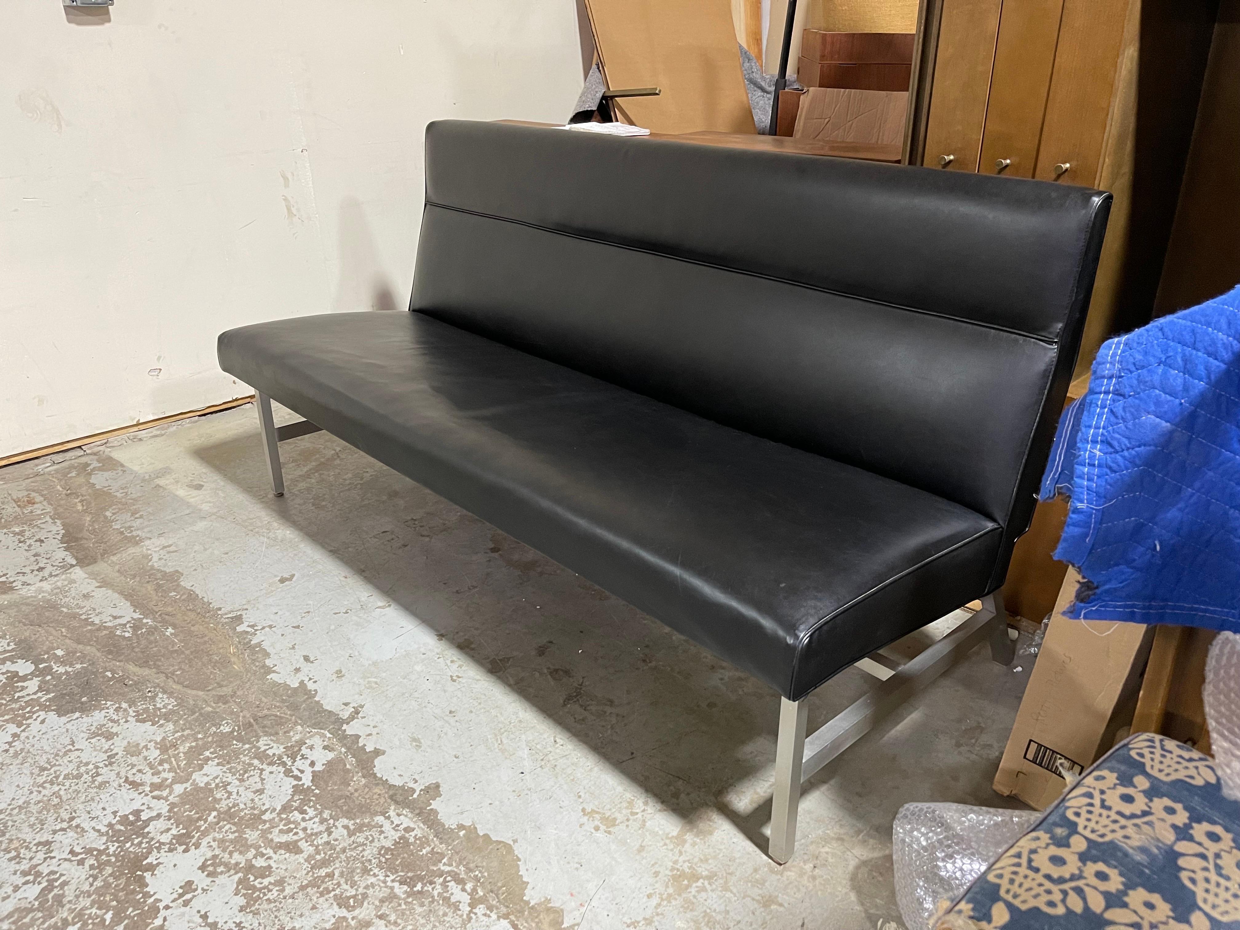 Black Leather Sofa Bench with Walnut and Satin Aluminum by Monarch Furniture  3
