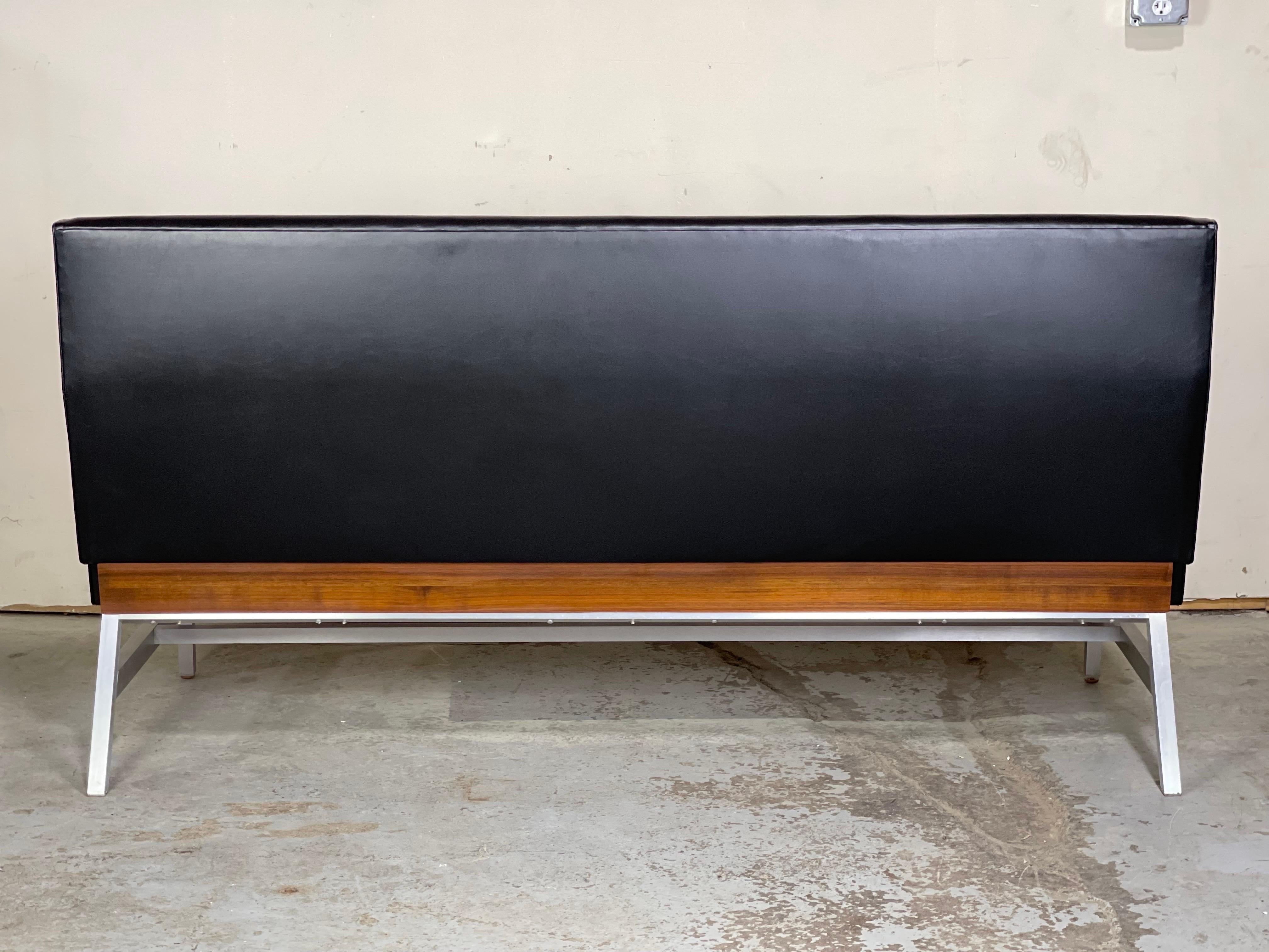Mid-Century Modern Black Leather Sofa Bench with Walnut and Satin Aluminum by Monarch Furniture 