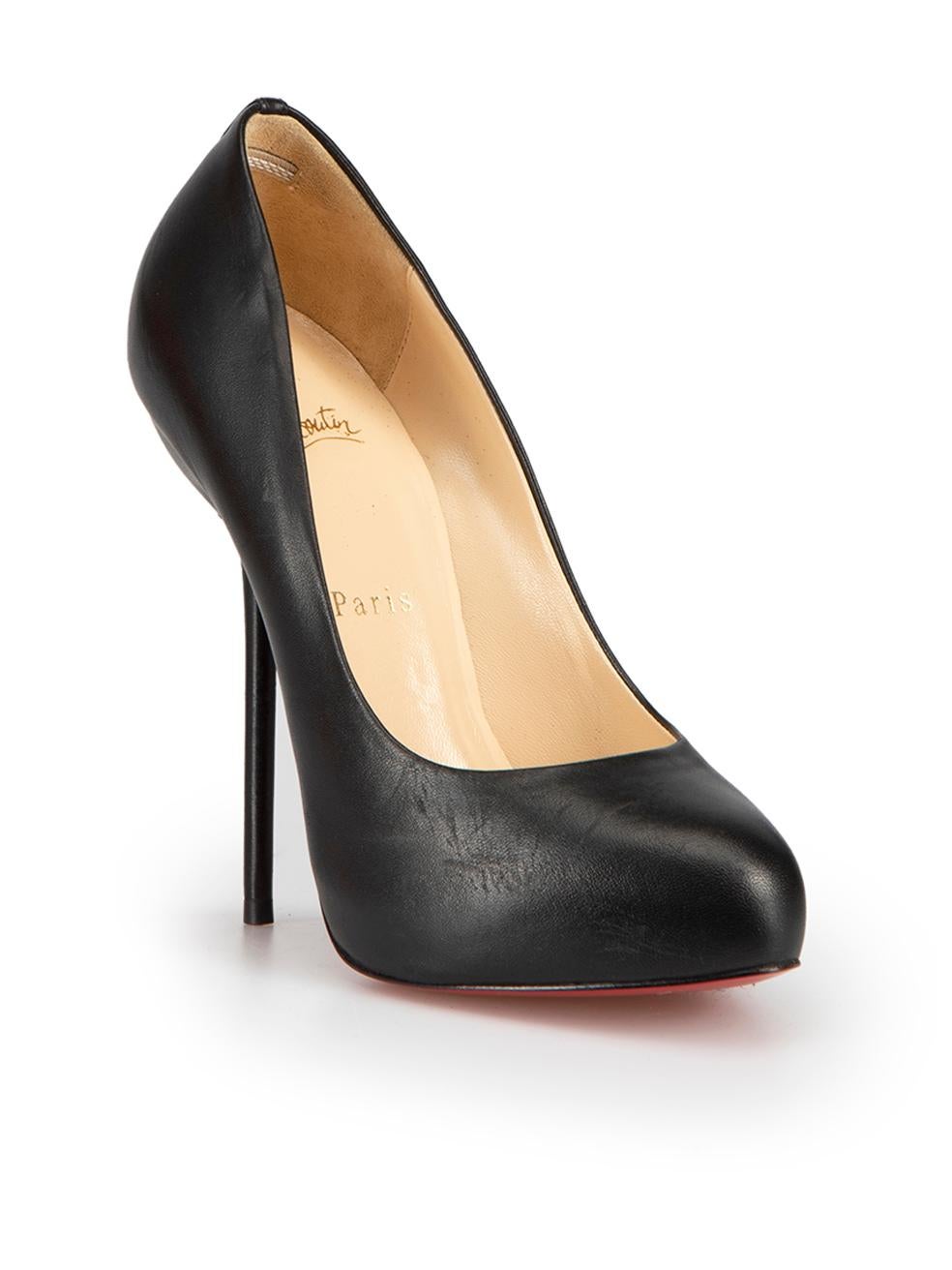 CONDITION is Never Worn. Visible wear to the front of the right shoe and rear-right of left shoe with faint scuffing due to poor storage on this used Christian Louboutin designer resale item.



Details


Black

Leather

Slip-on platform pumps

High