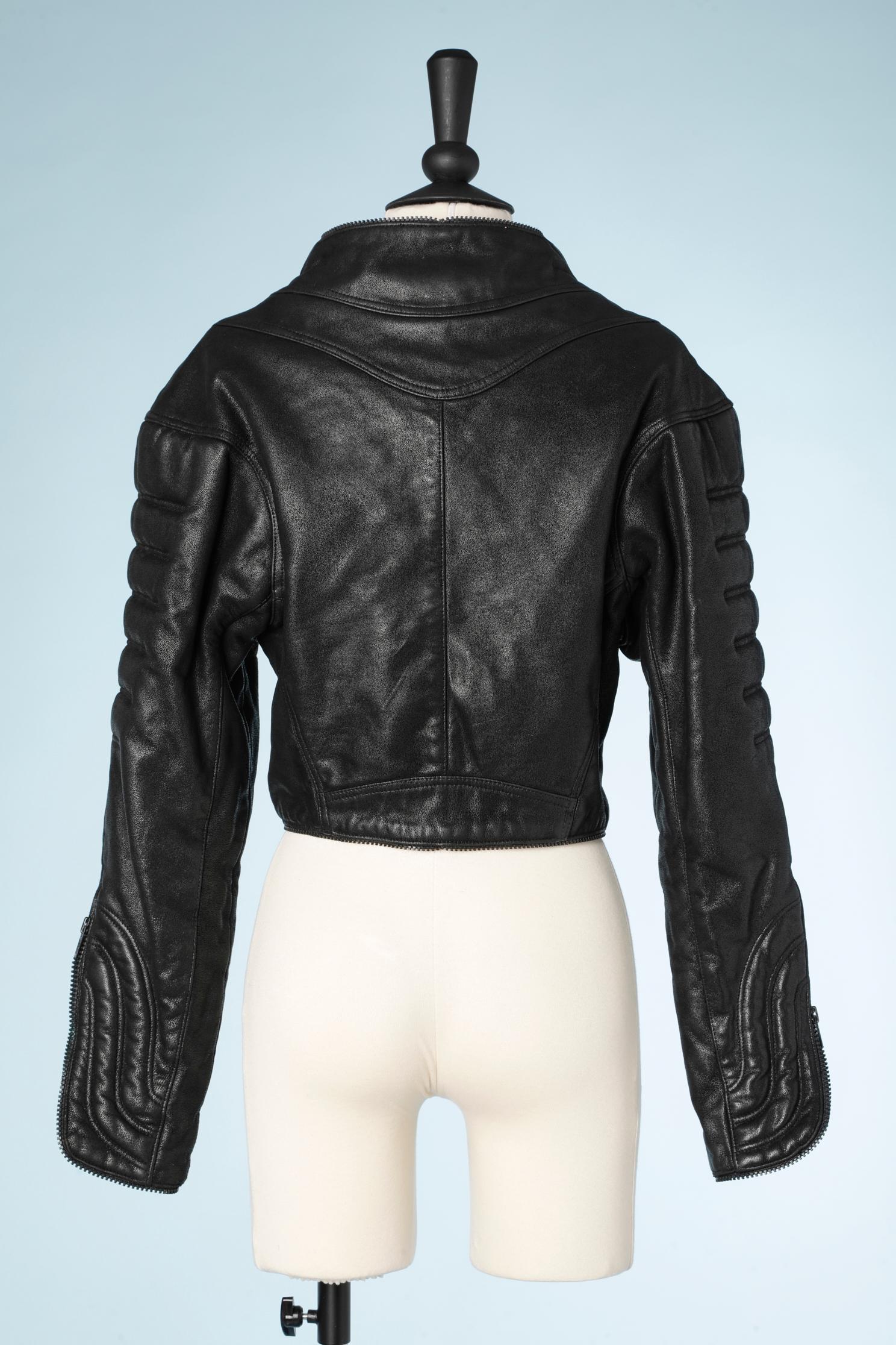 Women's or Men's Black leather biker jacket with terry towelling lining Thierry Mugler 