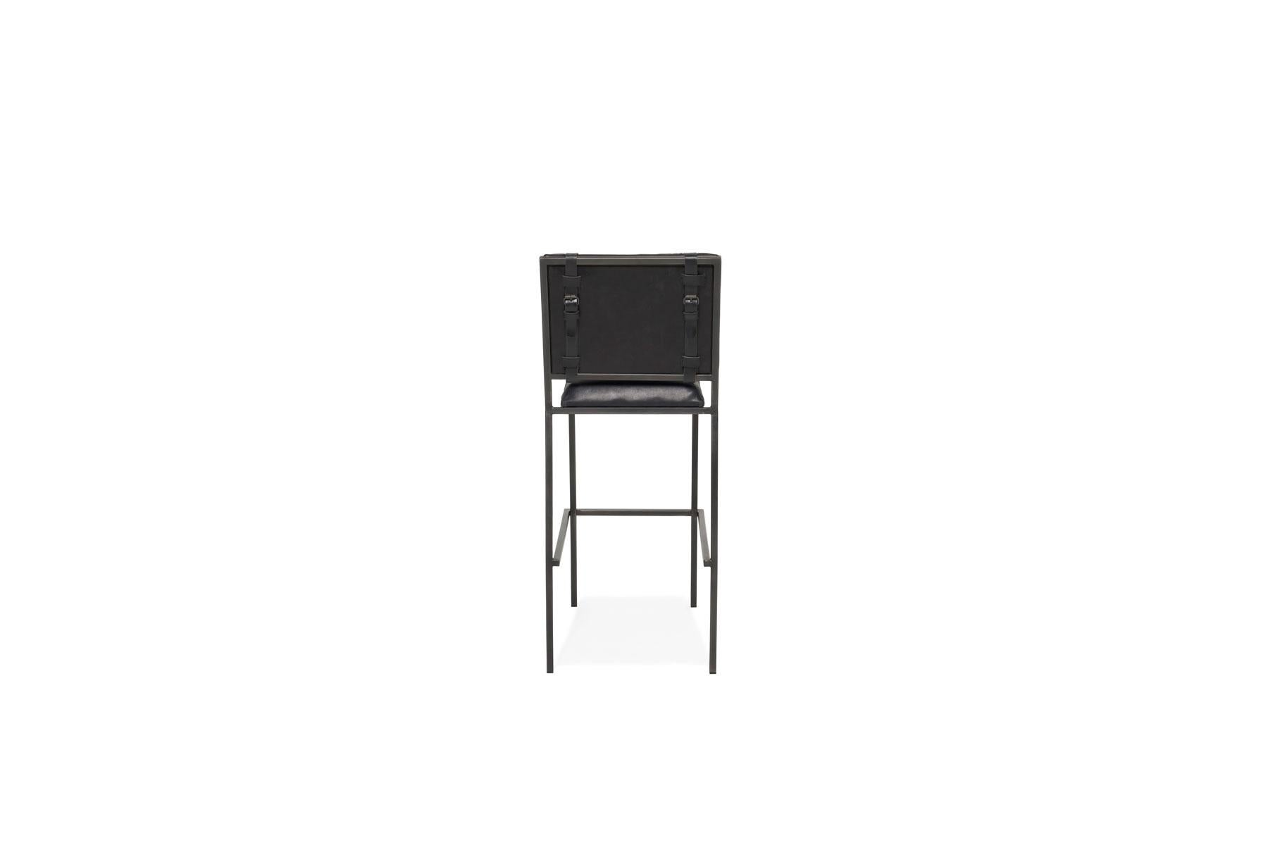 Black Leather & Blackened Steel Barstool In New Condition For Sale In Los Angeles, CA