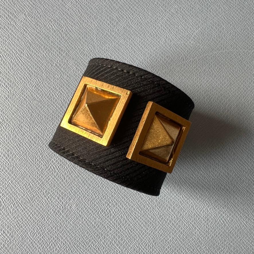 Black Leather Bracelet Gold Studs Black Fine Wool In New Condition For Sale In Los Angeles, CA