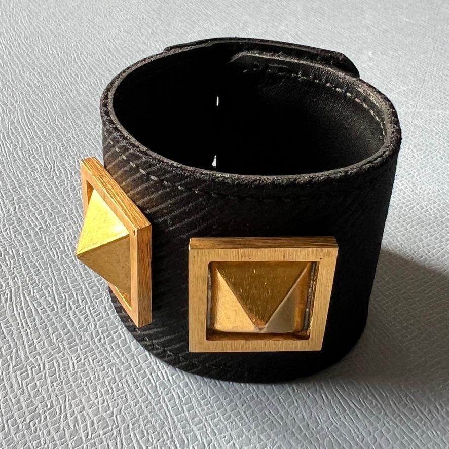 Black Leather Bracelet Gold Studs Black Fine Wool For Sale 1