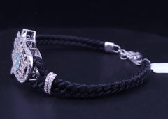 Black Leather Bracelet with 18K White Gold Diamond Hamsa & Turquoise