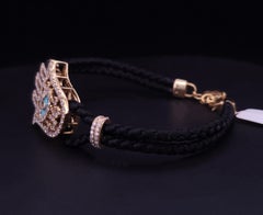 Black Leather Bracelet with 18K Yellow Gold Diamond Hamsa & Turquoise