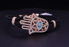 Black Leather Bracelet with 18K Yellow Gold Diamond Hamsa & Turquoise