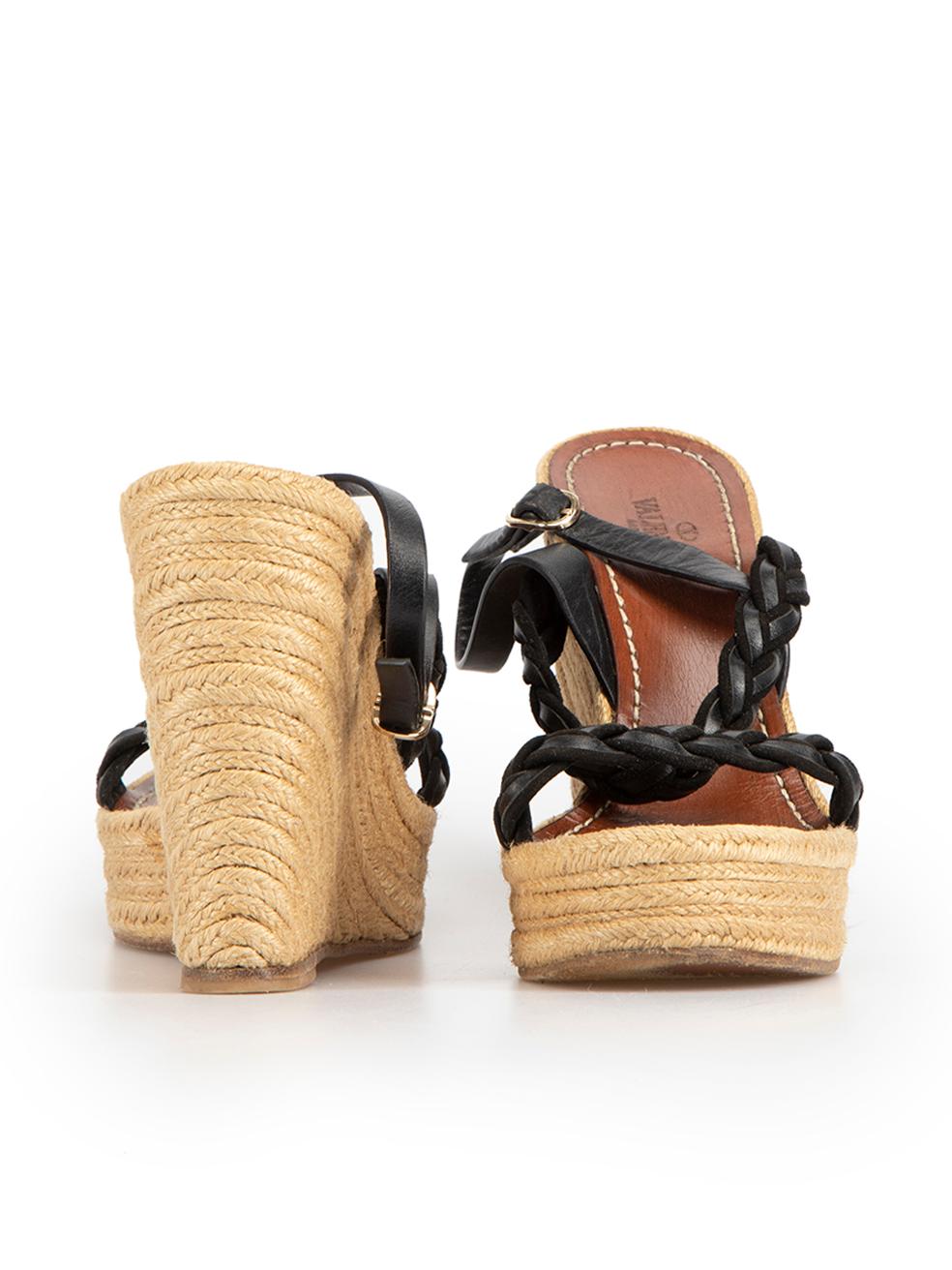Black Leather Braided Strap Espadrille Wedges Size IT 40 In Good Condition For Sale In London, GB