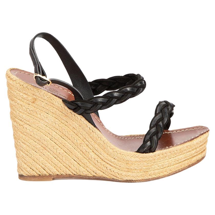 Black Leather Braided Strap Espadrille Wedges Size IT 40 For Sale
