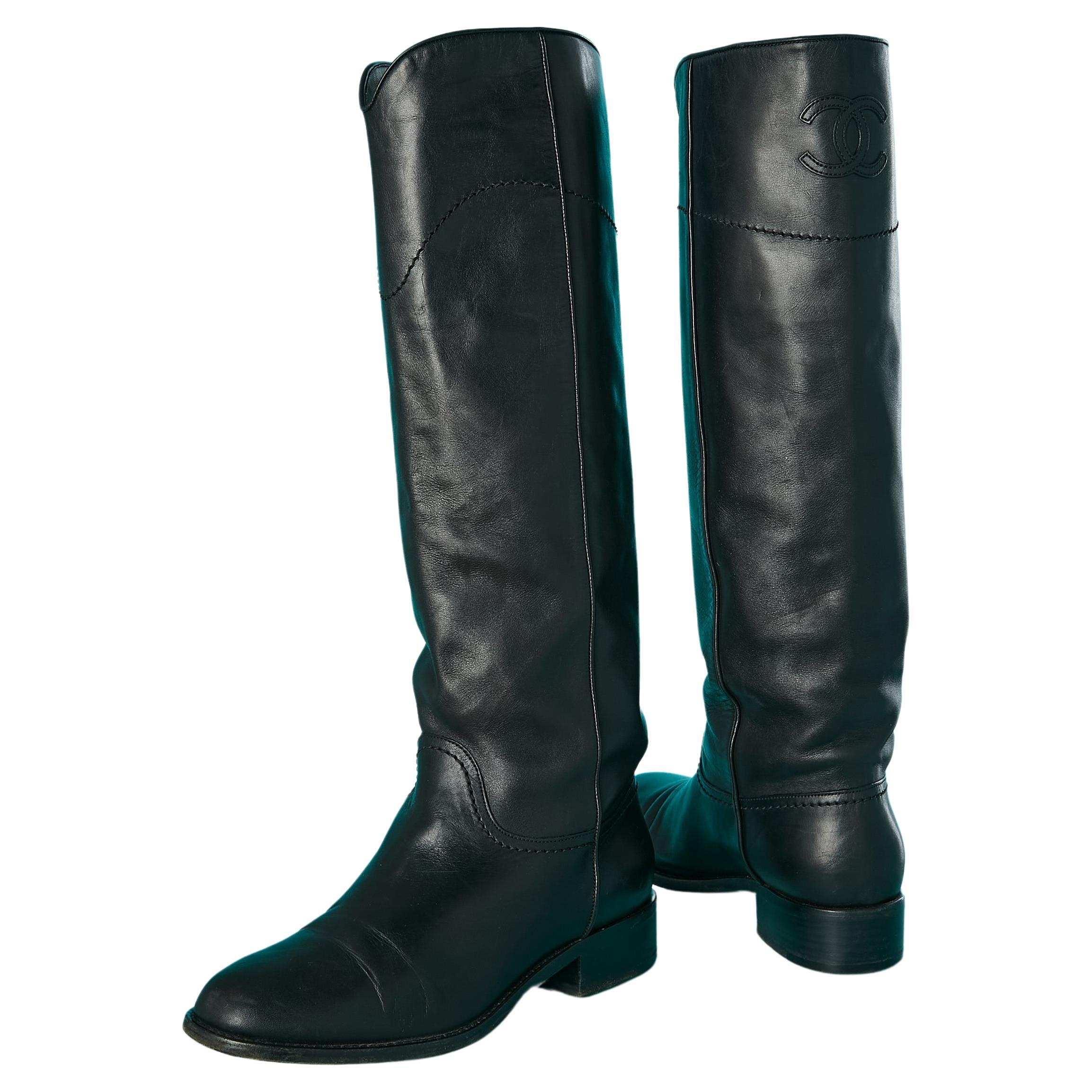 Black leather branded ridding boots Chanel  For Sale