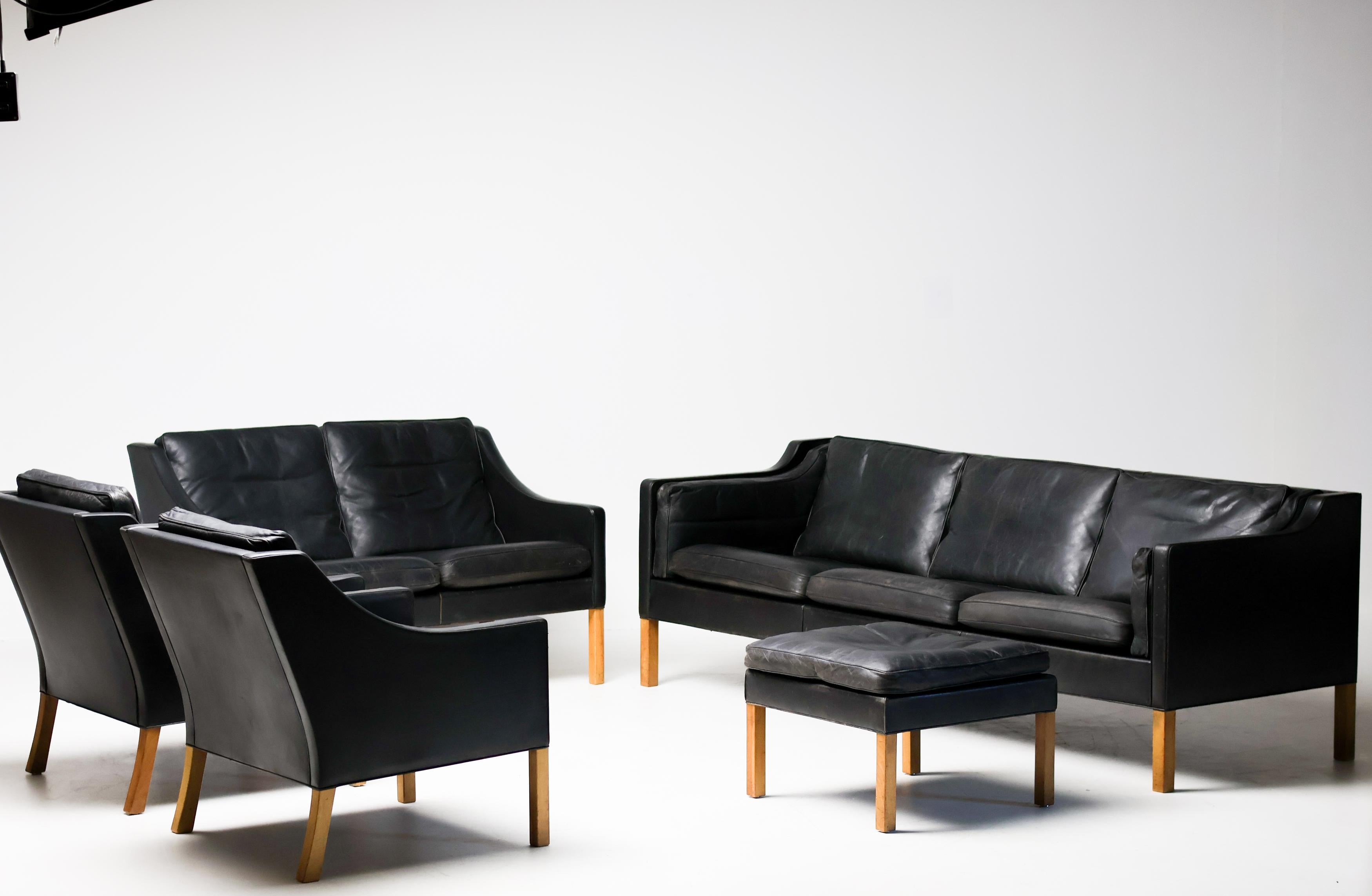 Black Leather Børge Mogensen 2208 Living Room Set, Fredericia