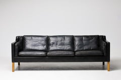 Schwarzes Leder Børge Mogensen 3-Sitzer Sofa Model 2213, Fredericia, Dänemark 1968