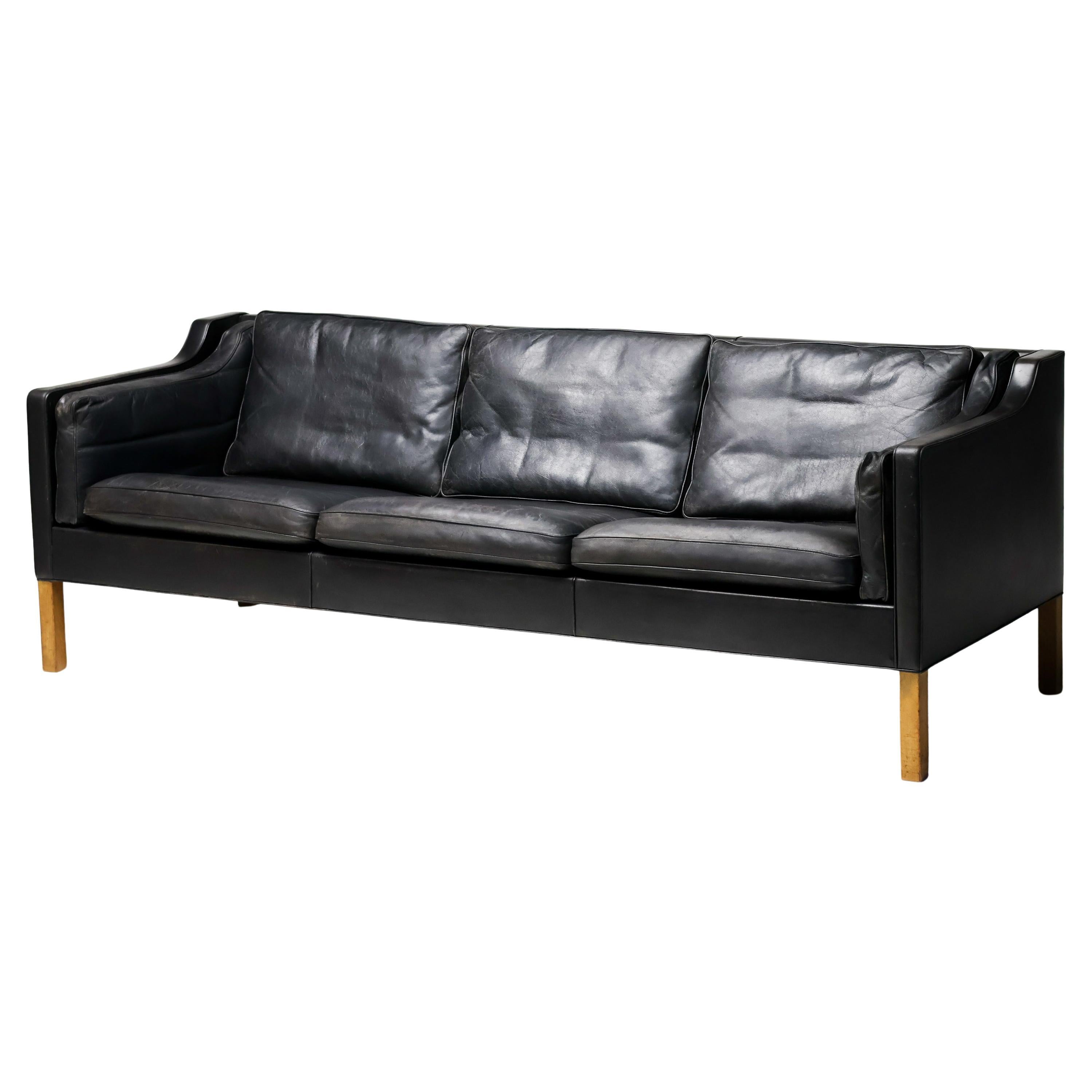 Black Leather Børge Mogensen 3-Seater Sofa Model 2213, Fredericia, Denmark 1968