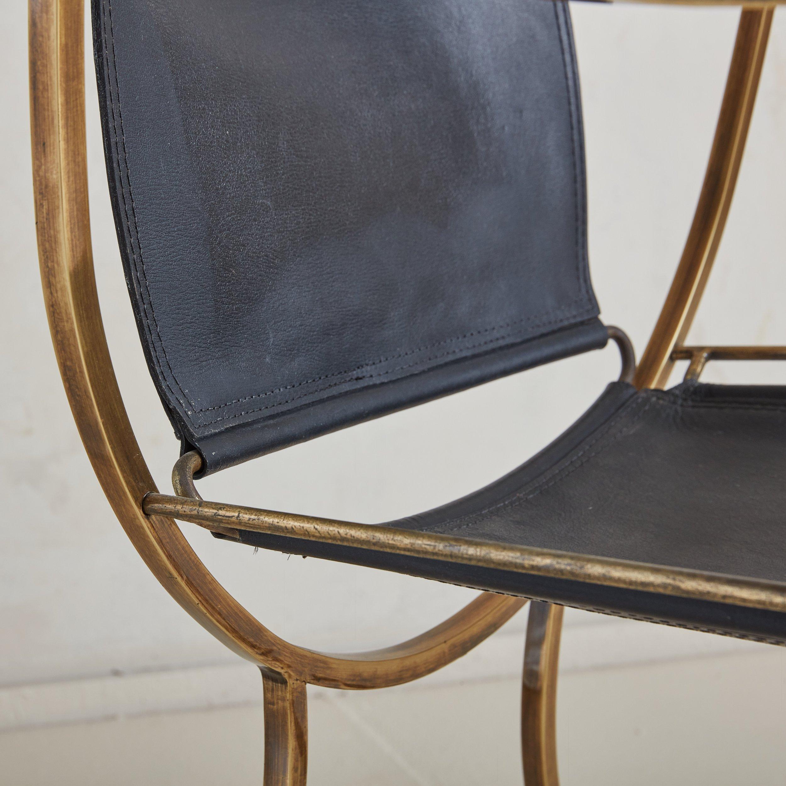 Black Leather + Bronze Pompeii Armchair by Alberto Orlandi, Italy 1980s For Sale 4