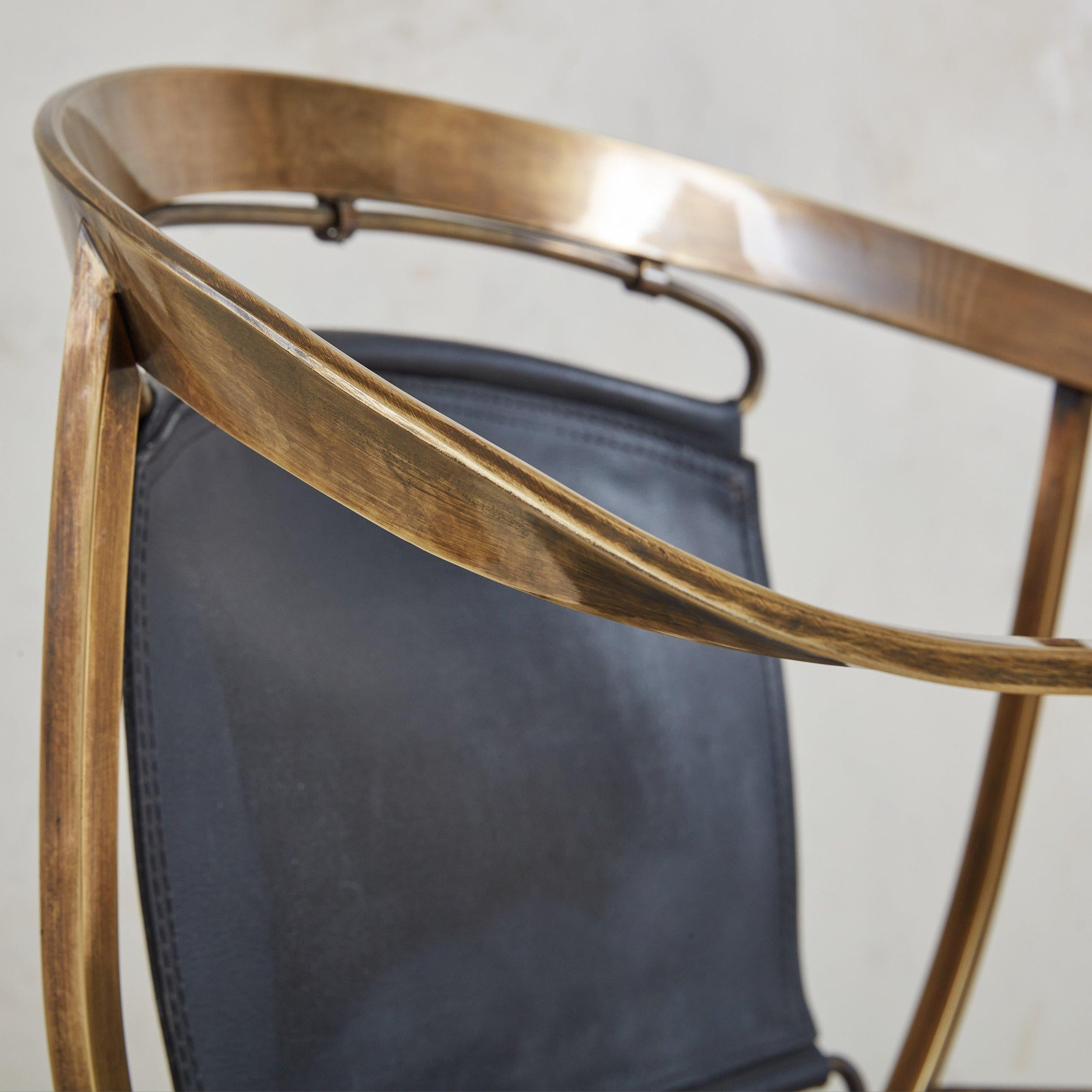 Black Leather + Bronze Pompeii Armchair by Alberto Orlandi, Italy 1980s For Sale 5