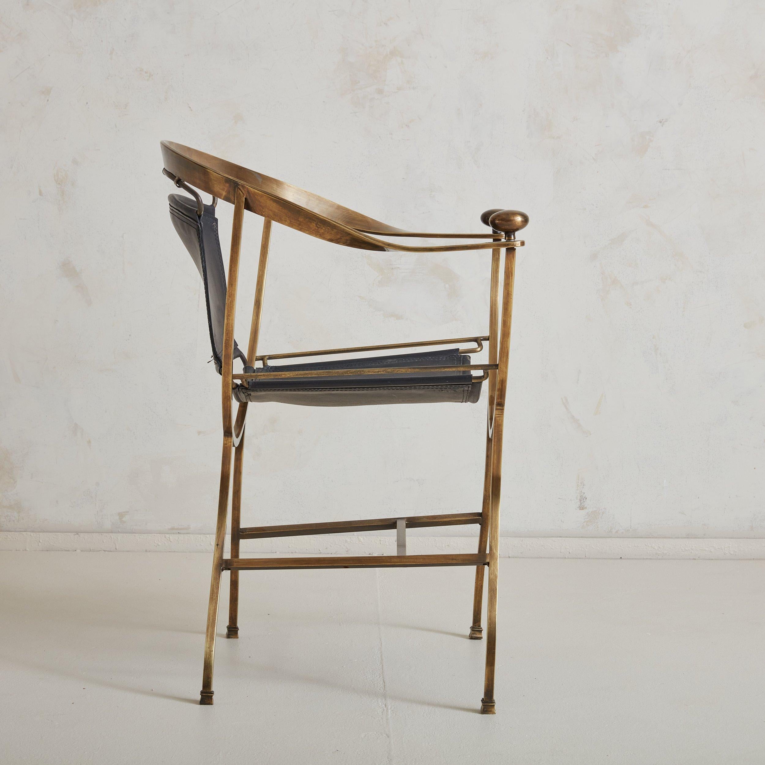 Neoclassical Black Leather + Bronze Pompeii Armchair by Alberto Orlandi, Italy 1980s For Sale