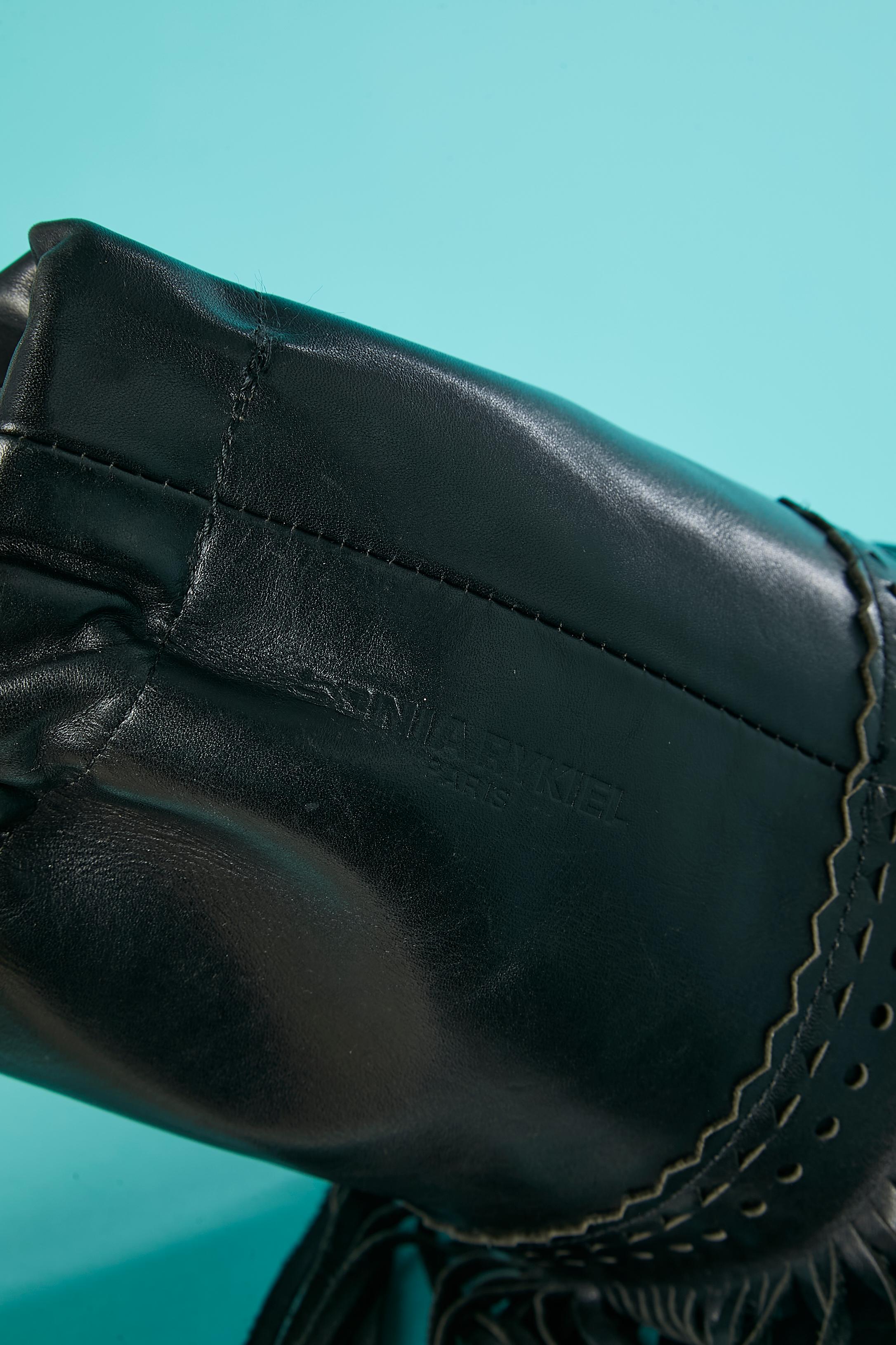 Women's or Men's Black leather bucket bag with leather fringes Sonia Rykiel