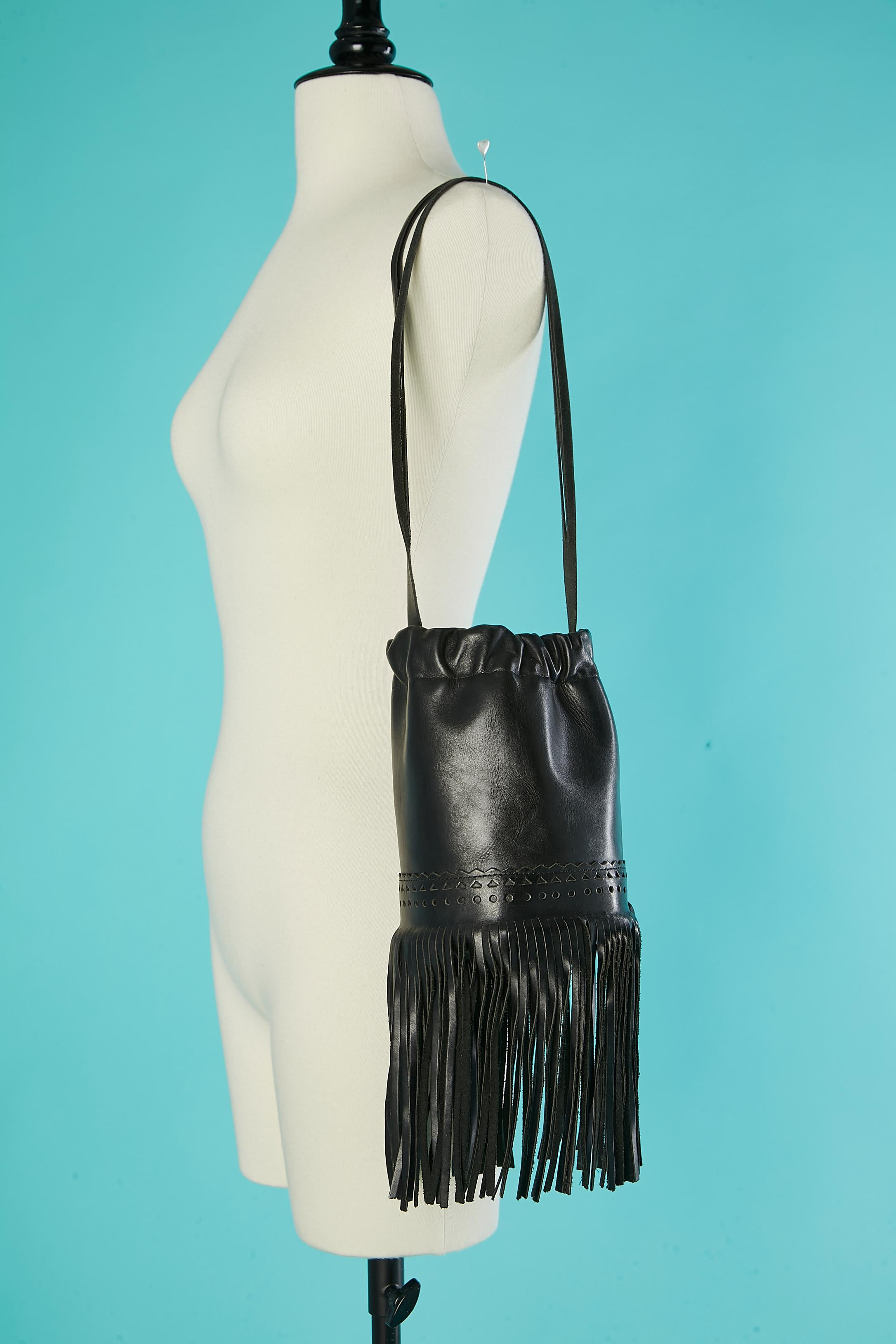 Black leather bucket bag with leather fringes Sonia Rykiel 2