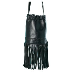 Borsa a secchiello in pelle nera con frange in pelle Sonia Rykiel