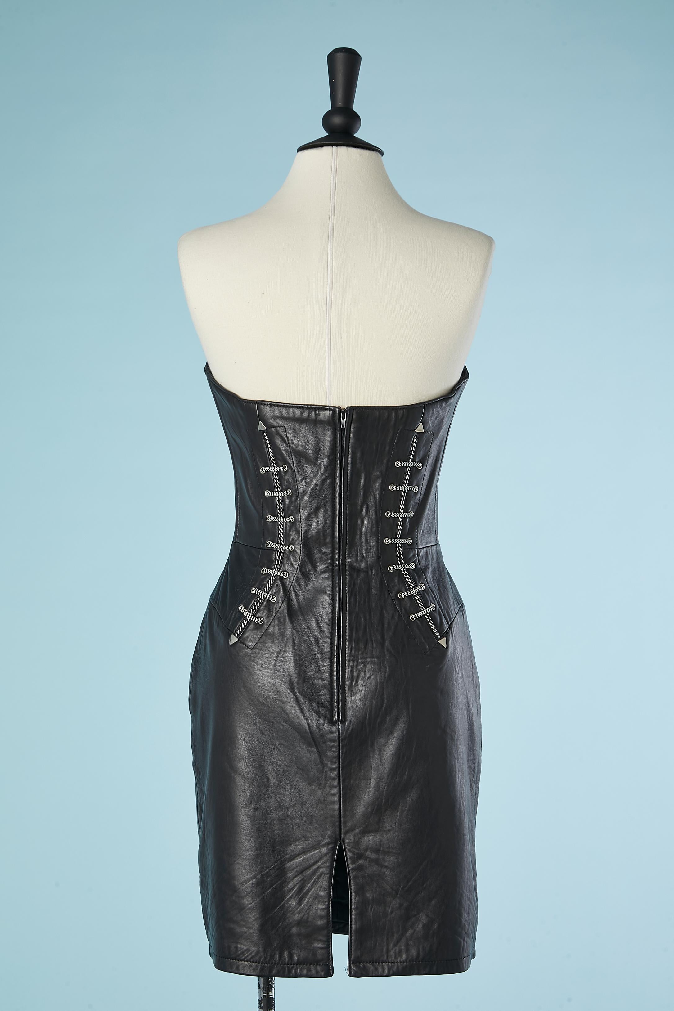 Black leather bustier dress with technical laces M Hoban North Beach Leather  For Sale 1