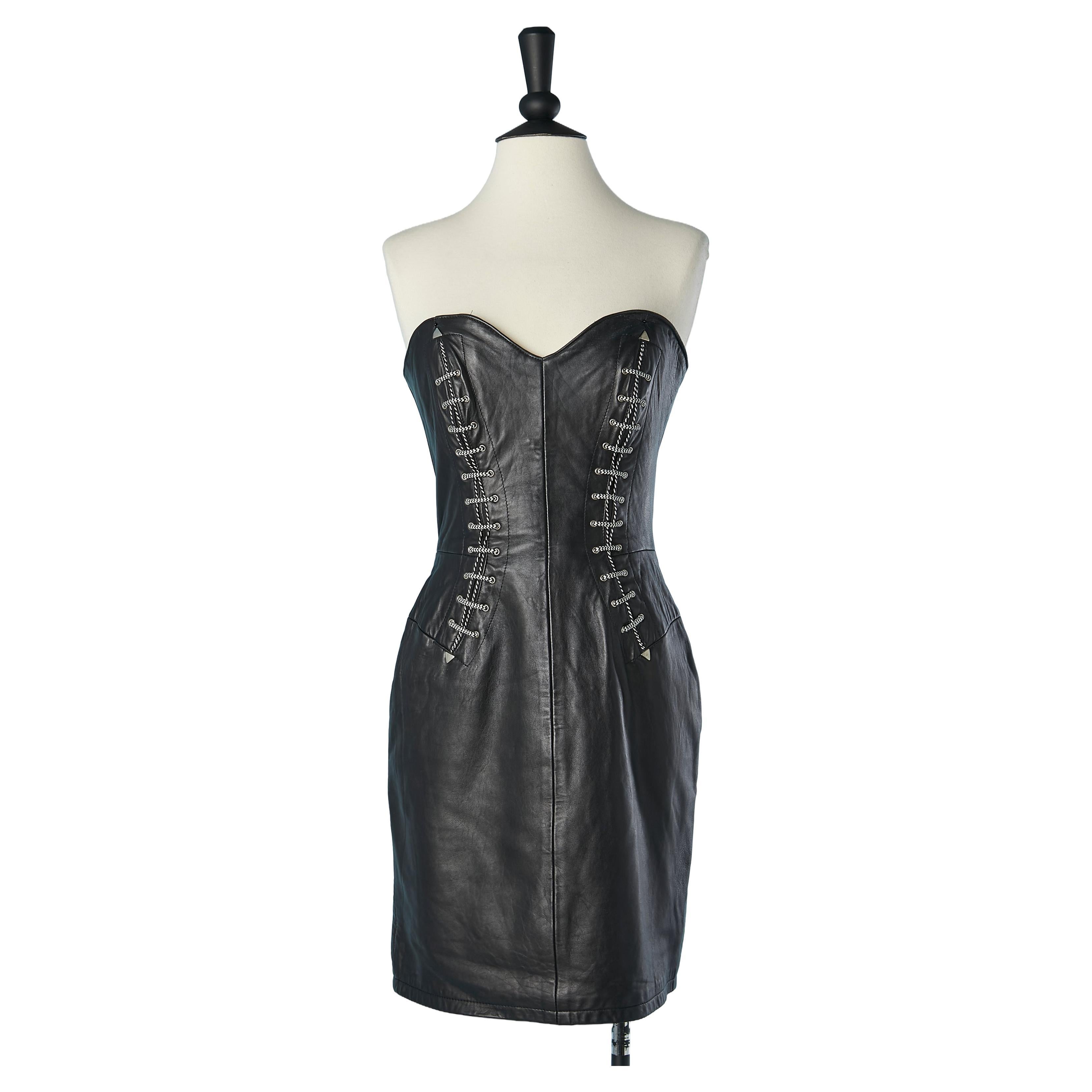 Black leather bustier dress with technical laces M Hoban North Beach Leather  For Sale