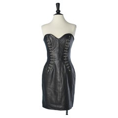 Retro Black leather bustier dress with technical laces M Hoban North Beach Leather 