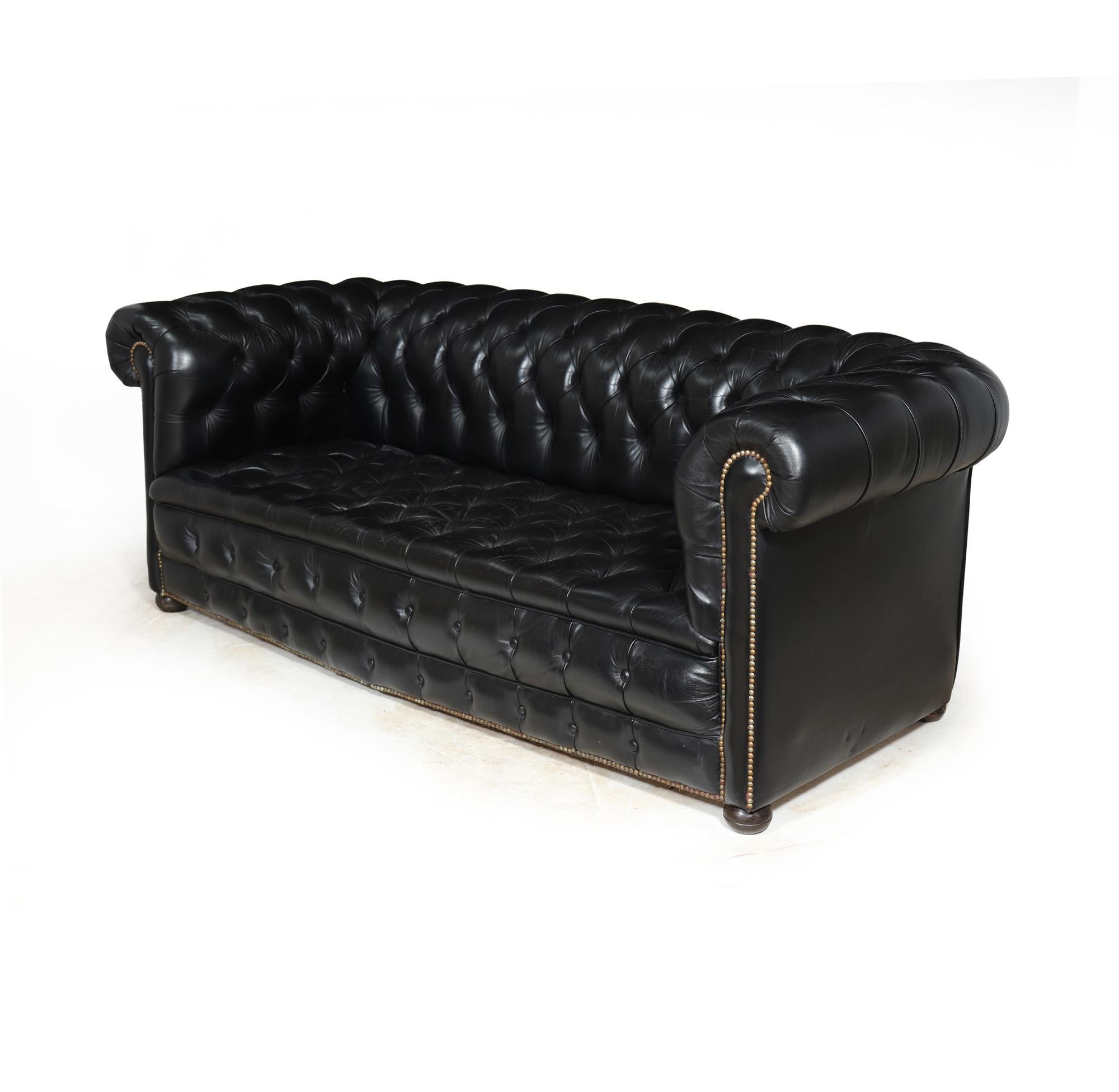British Black leather Buttoned seat Chesterfield Sofa