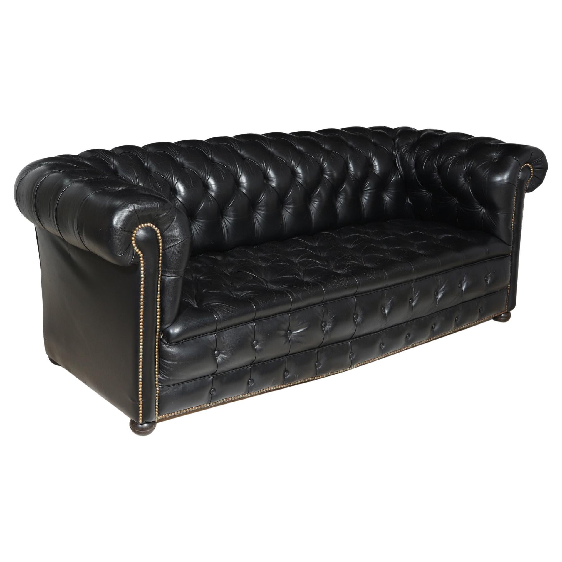 Black leather Buttoned seat Chesterfield Sofa