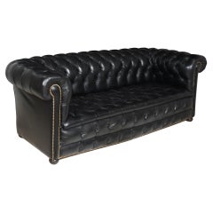 Vintage Black leather Buttoned seat Chesterfield Sofa