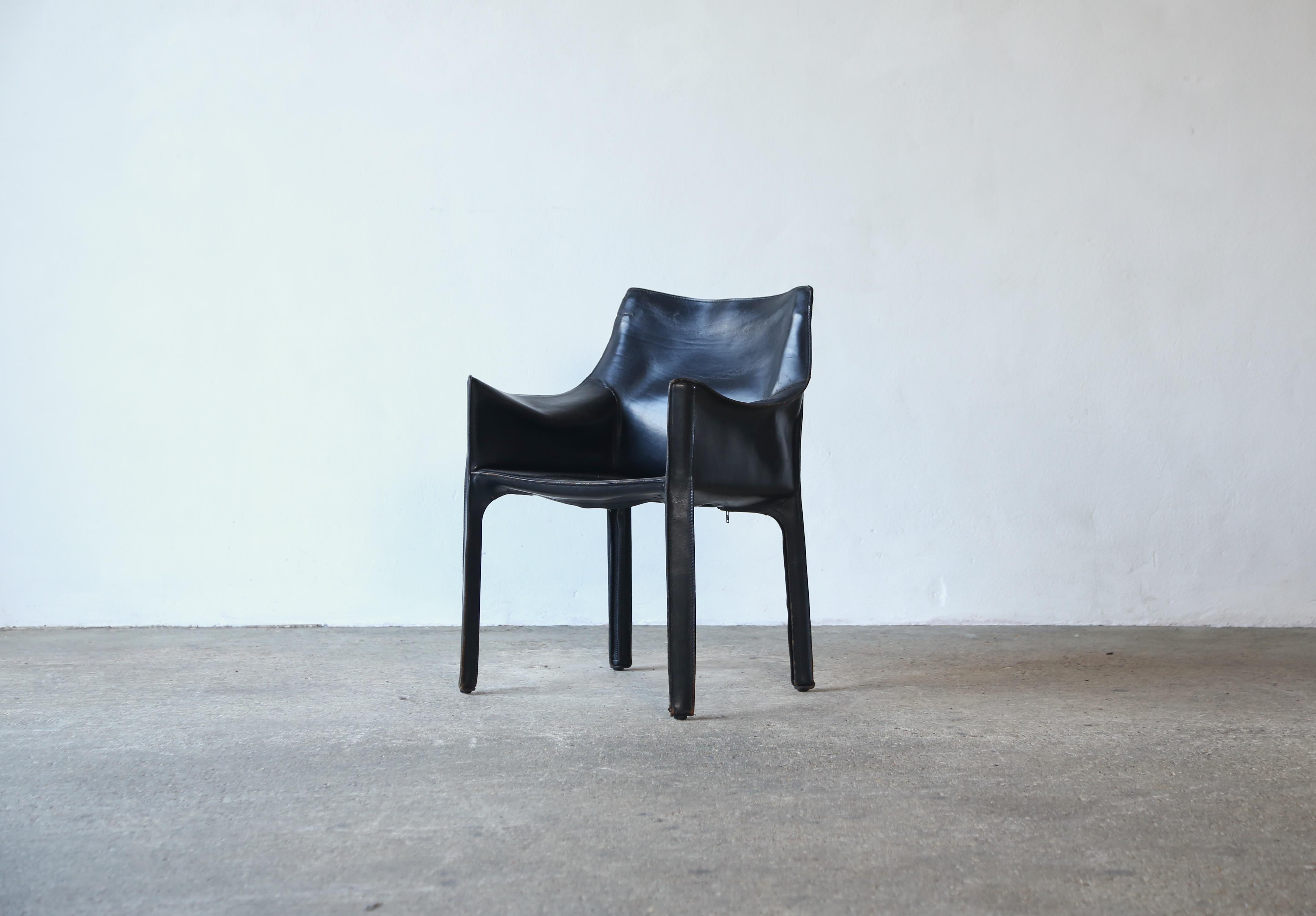 A nice early black leather Cab 413 chair by Mario Bellini, Cassina, Italy, 1980s.  Marked to underside.   We have a matching chair available if you would like a pair.   Fast shipping worldwide.


