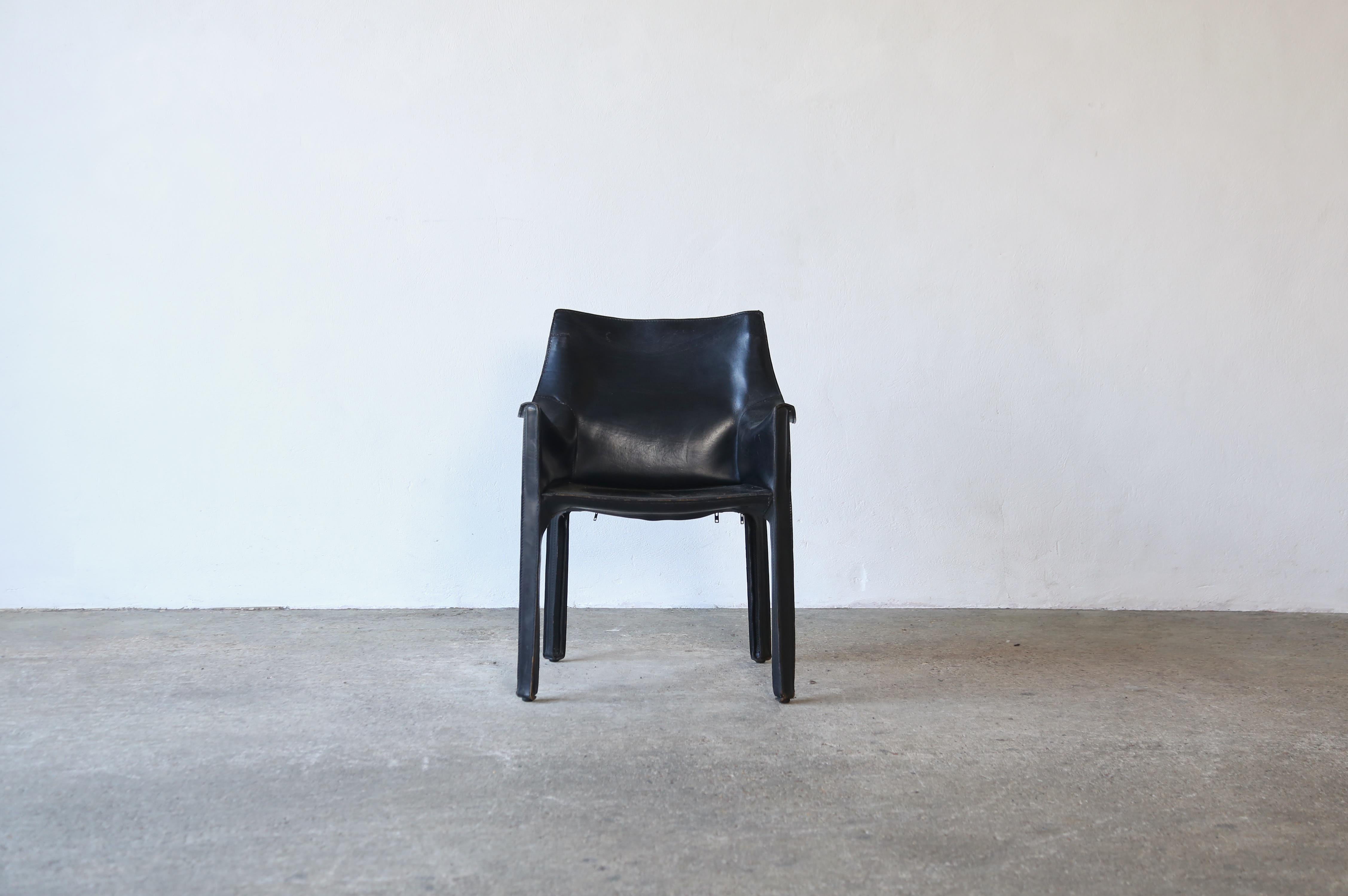 Mid-Century Modern Black Leather Cab 413 Chair by Mario Bellini, Cassina, Italy, 1980s For Sale